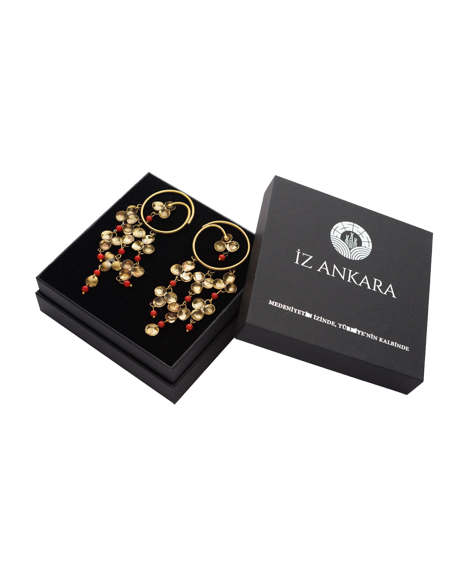 Kırmızı Boncuklu Pul Sarkaç Küpe Seti