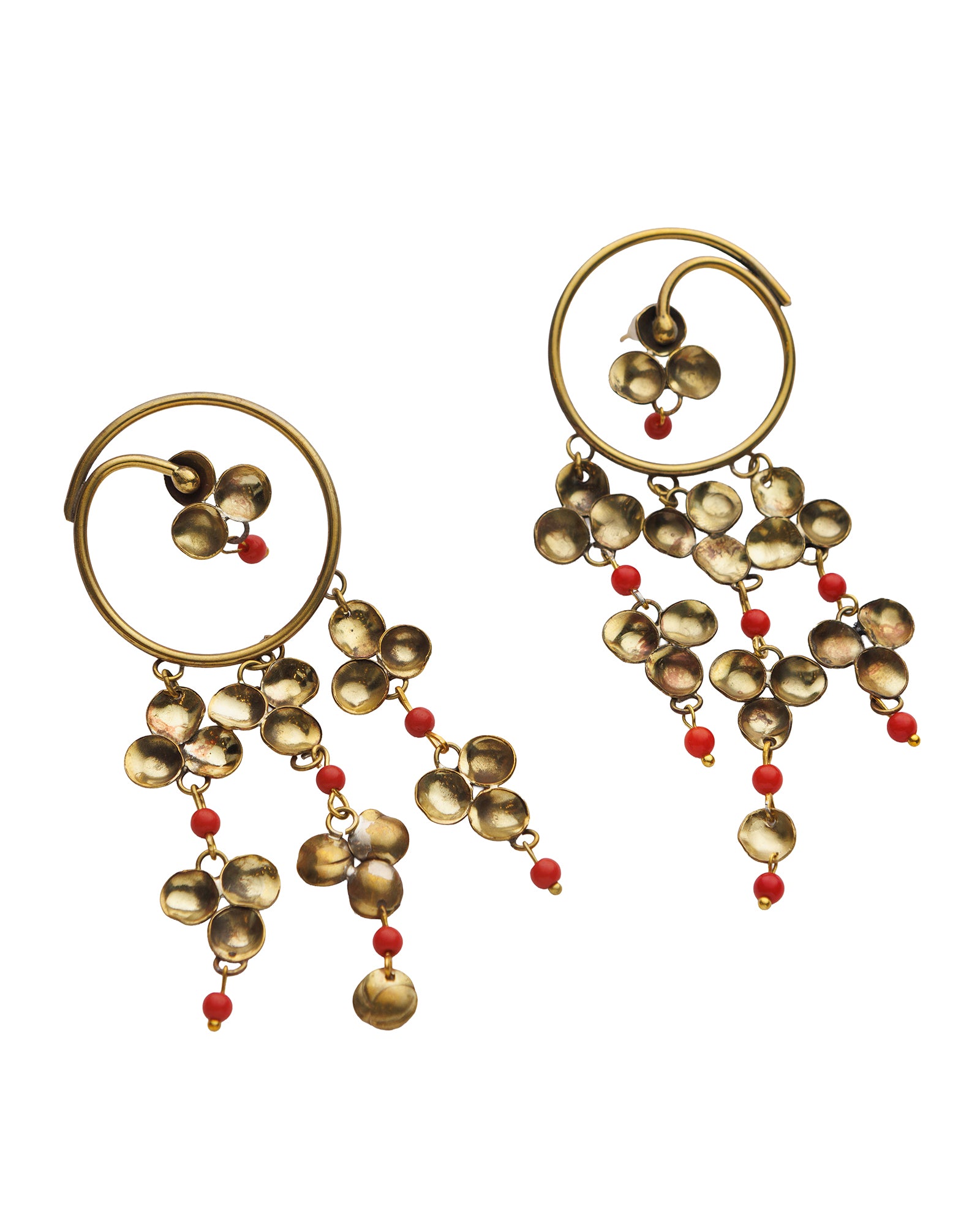 Kırmızı Boncuklu Pul Sarkaç Küpe Seti