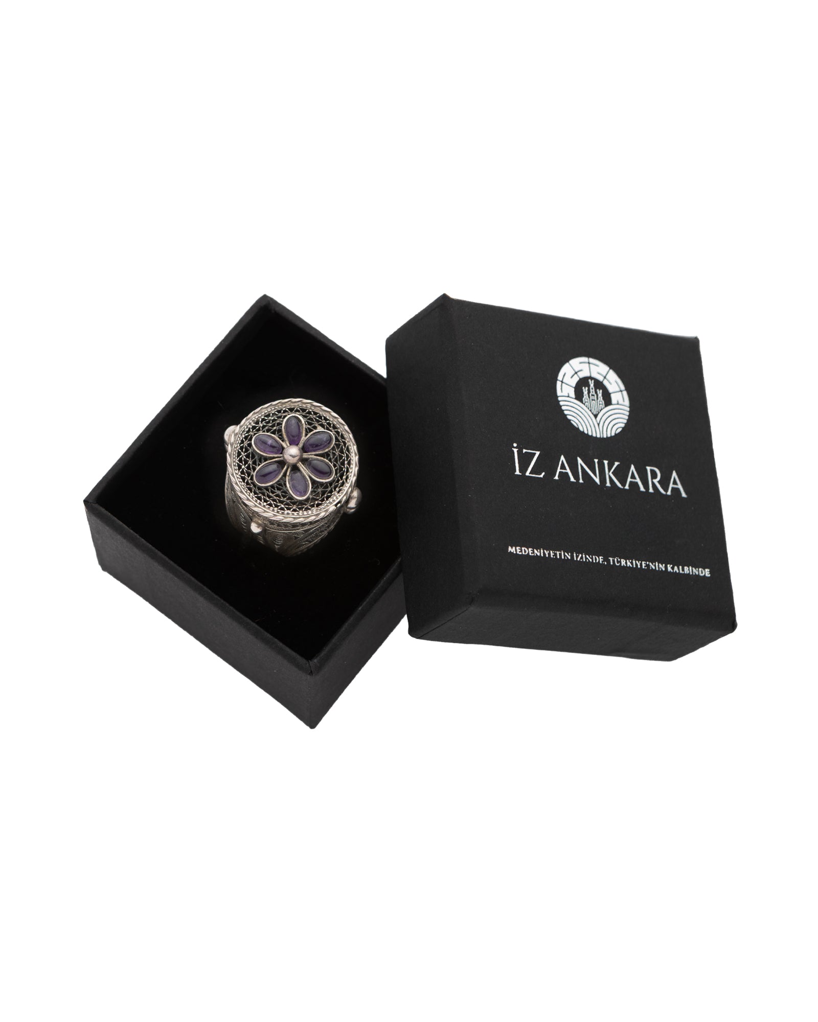 Purple Flower-Patterned Agate Filigree Ring - 2100 7095