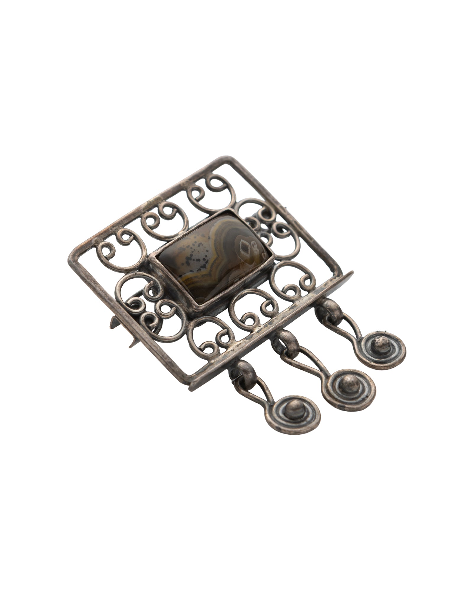 Brown-Black-Cream Rectangular Agate Brooch - 2100 7187