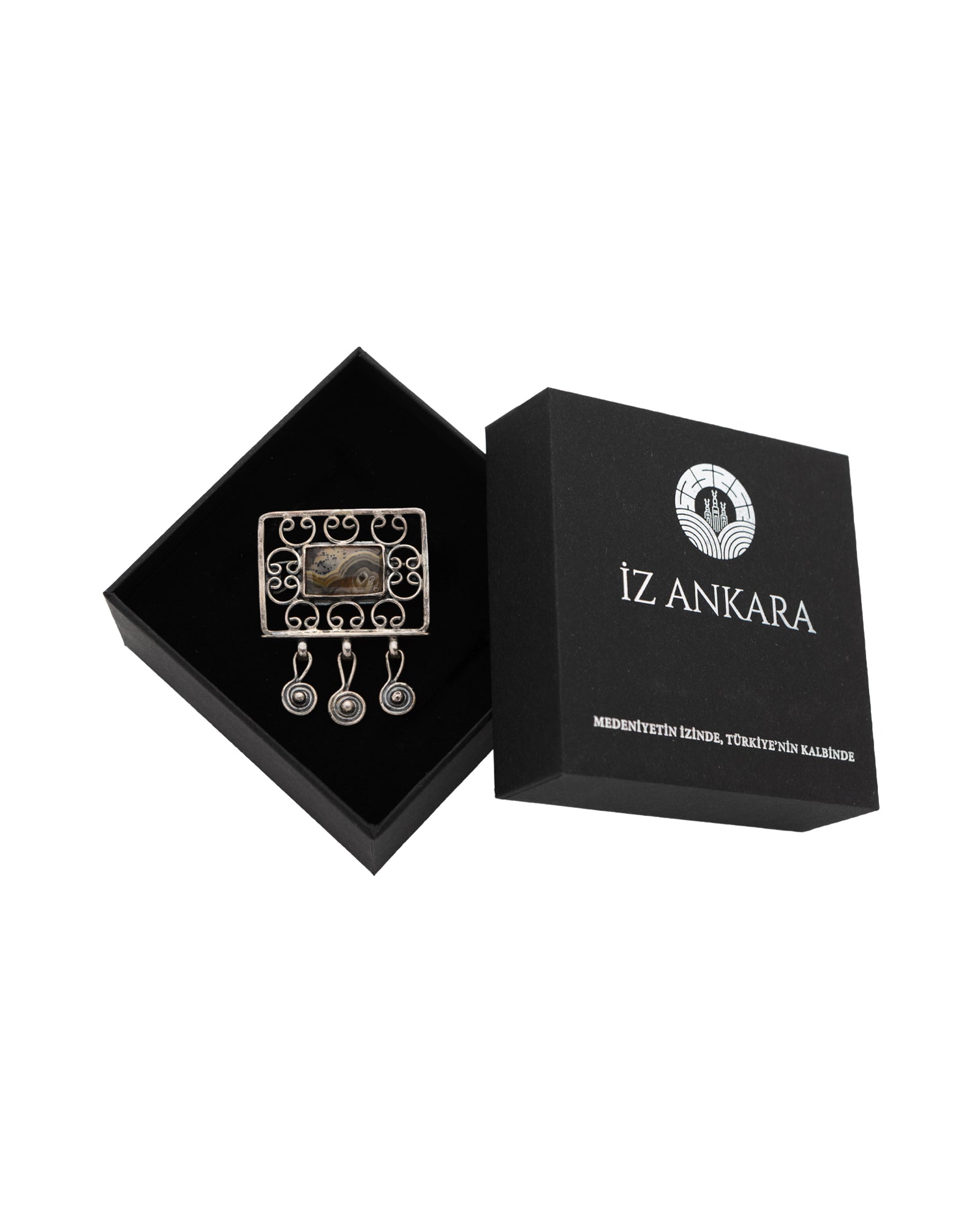 Brown-Black-Cream Rectangular Agate Brooch - 2100 7187