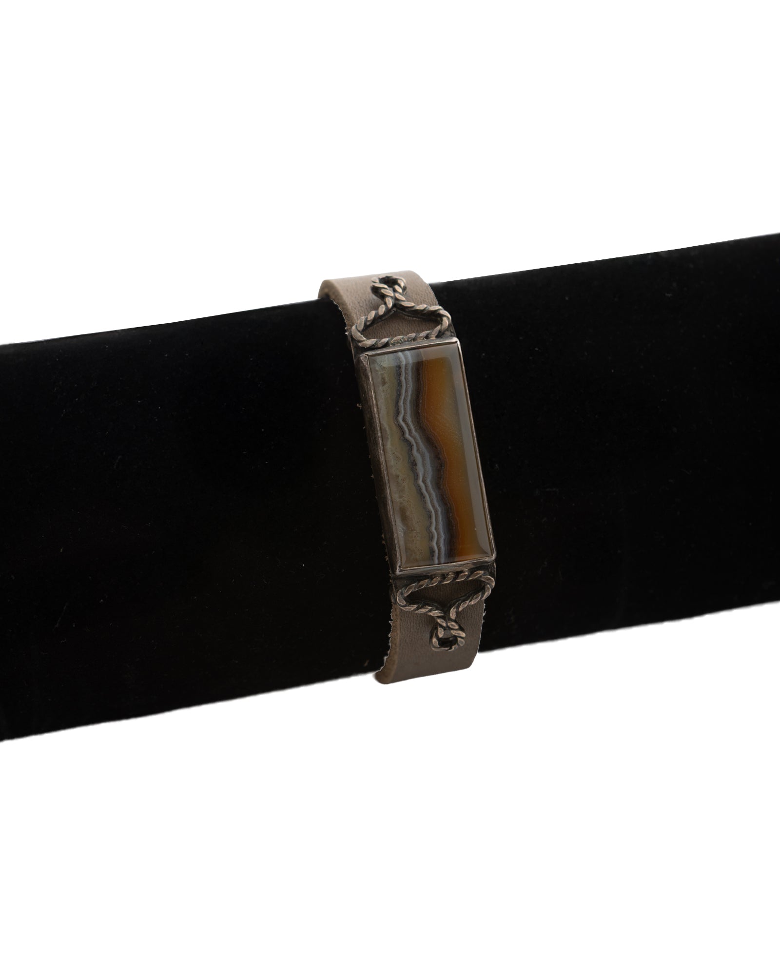 Brown-Gray Rectangular Agate Leather Bracelet - 2100 7578