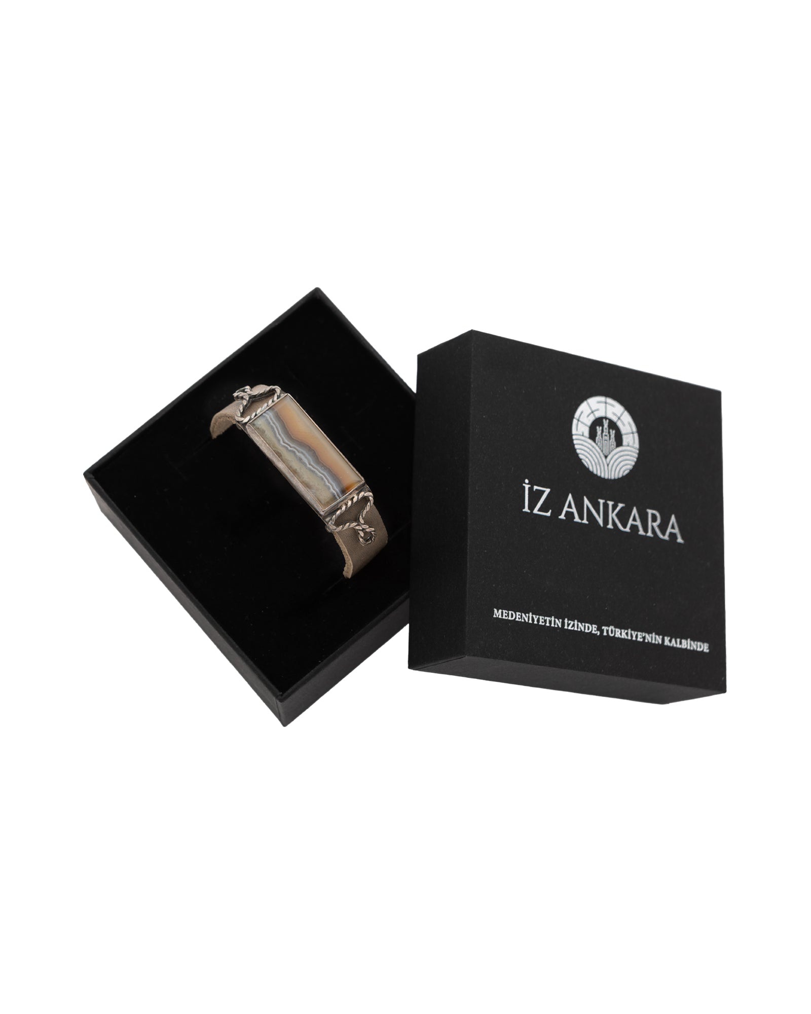 Brown-Gray Rectangular Agate Leather Bracelet - 2100 7578