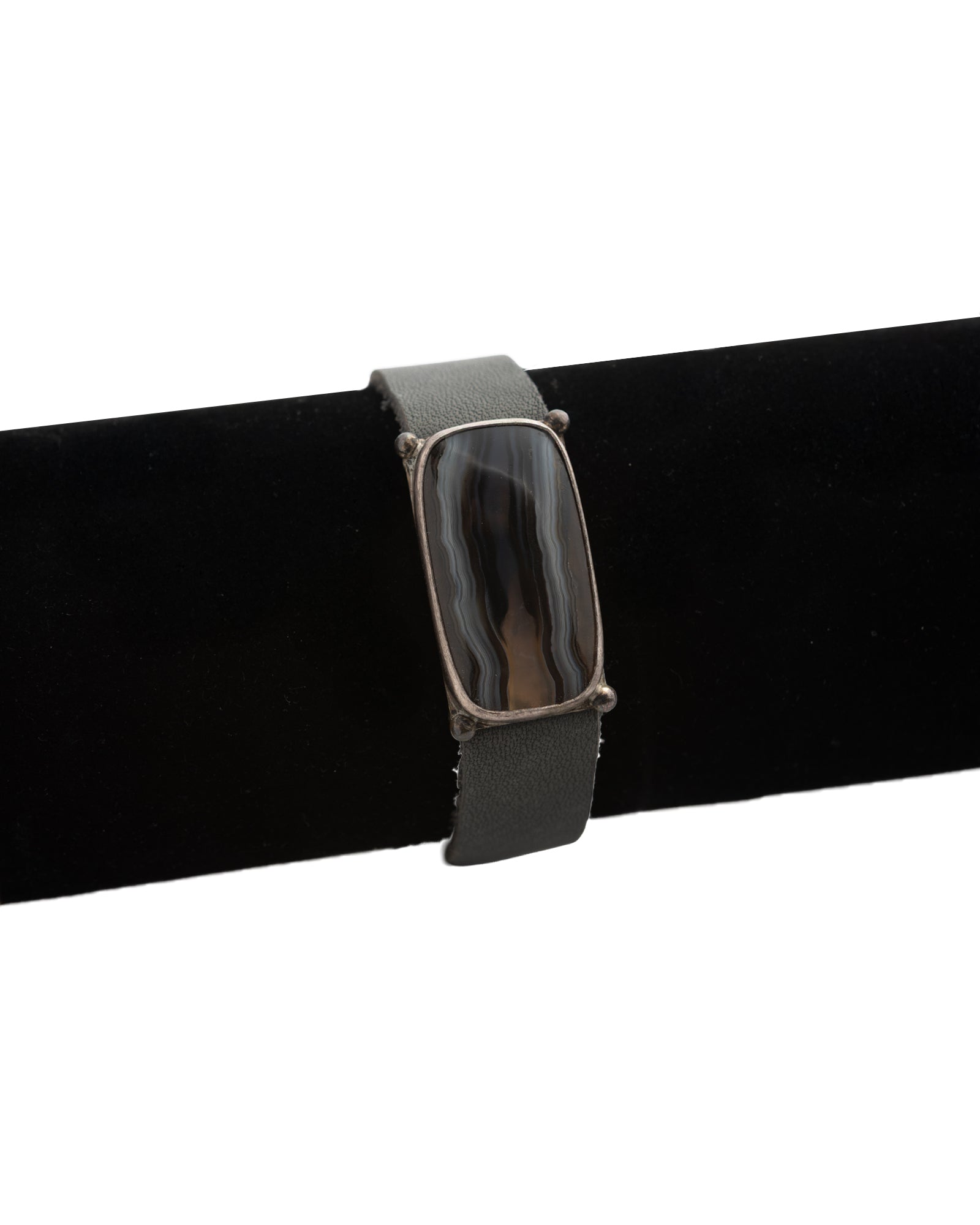 Brown-Gray Rectangular Agate Leather Bracelet - 2100 7590