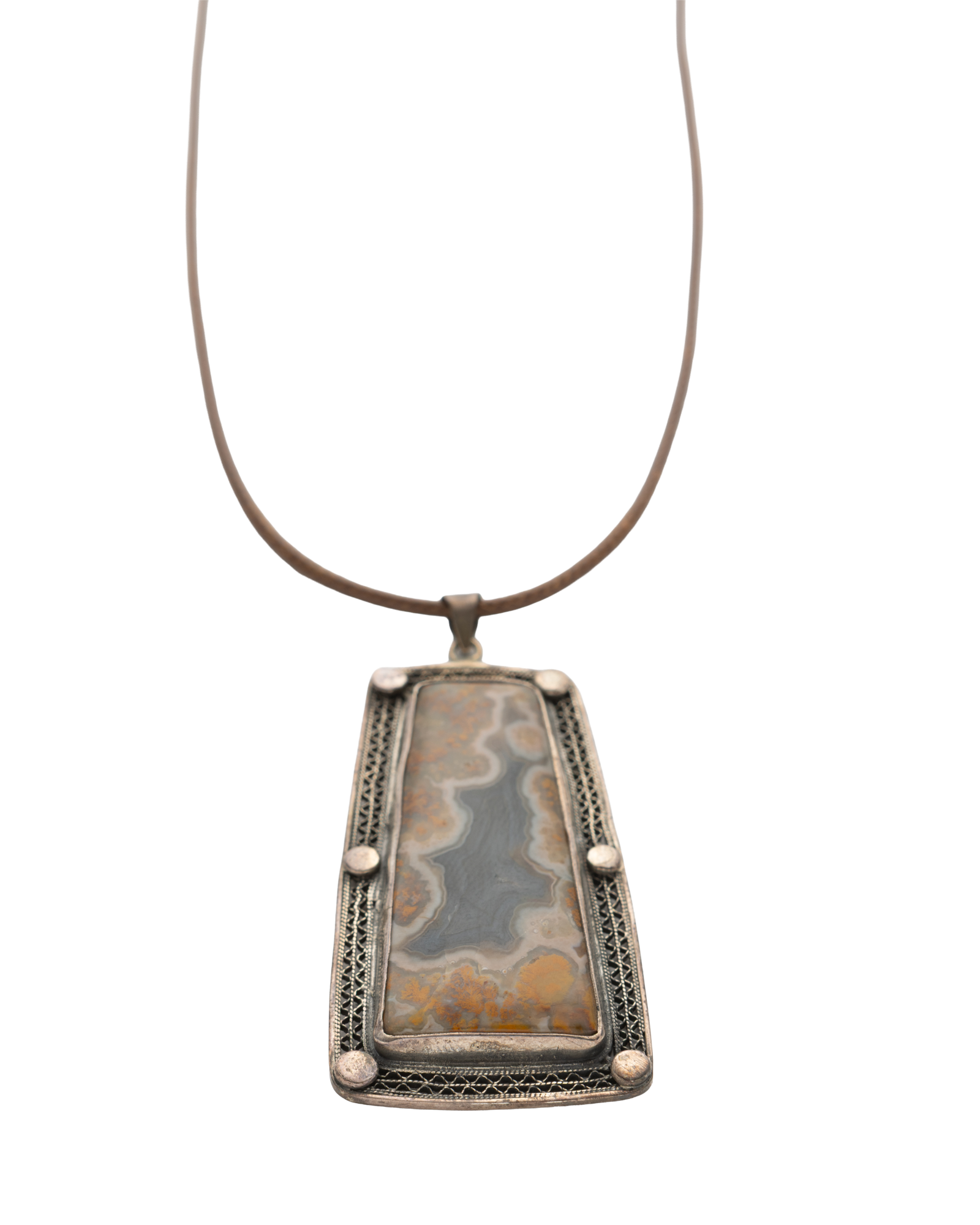 Brown-Gray Rectangular Agate Leather Cord Necklace - 2101 1122