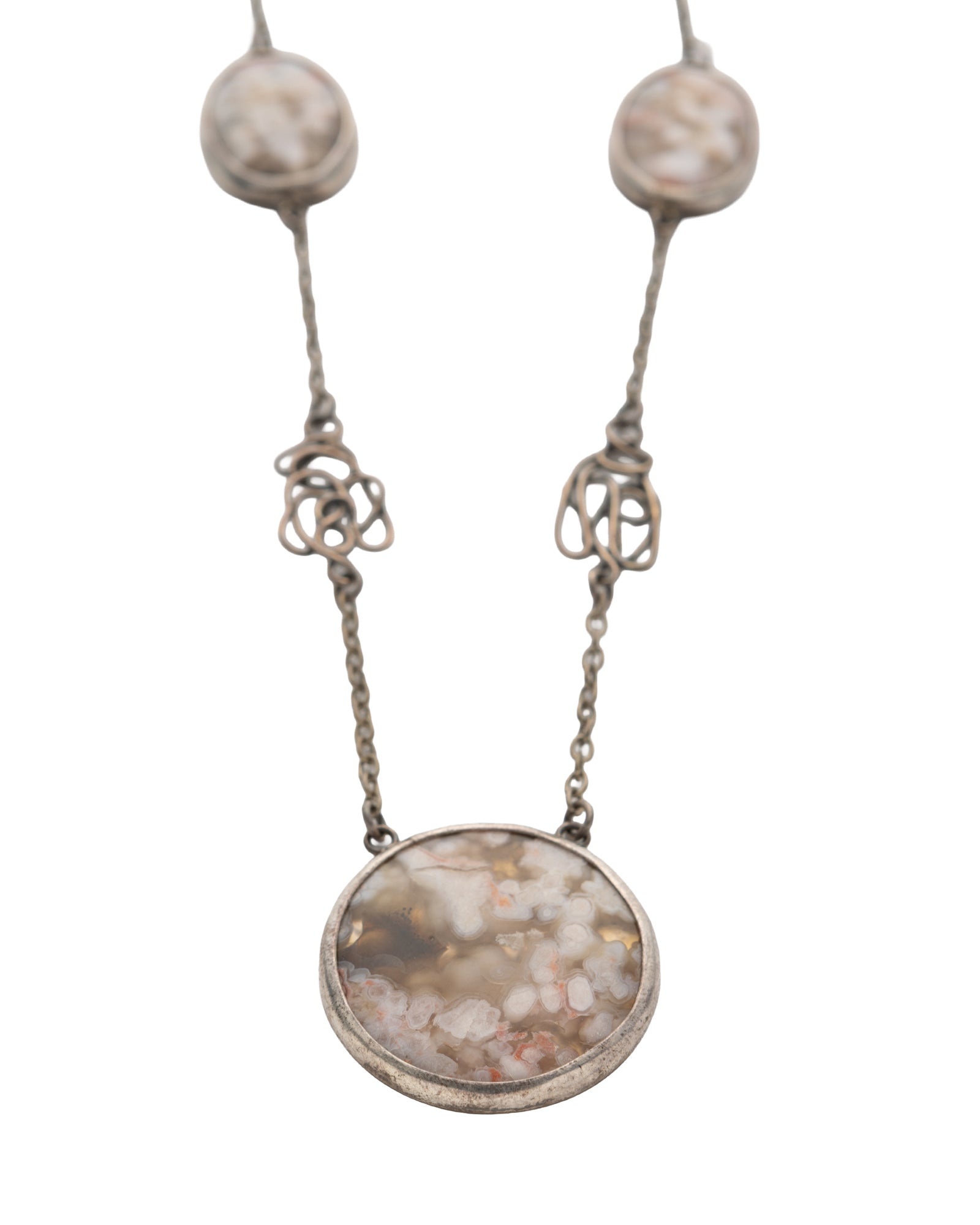 White-Brown Oval and Round Shaped Agate Stone Necklace - 2100 7453