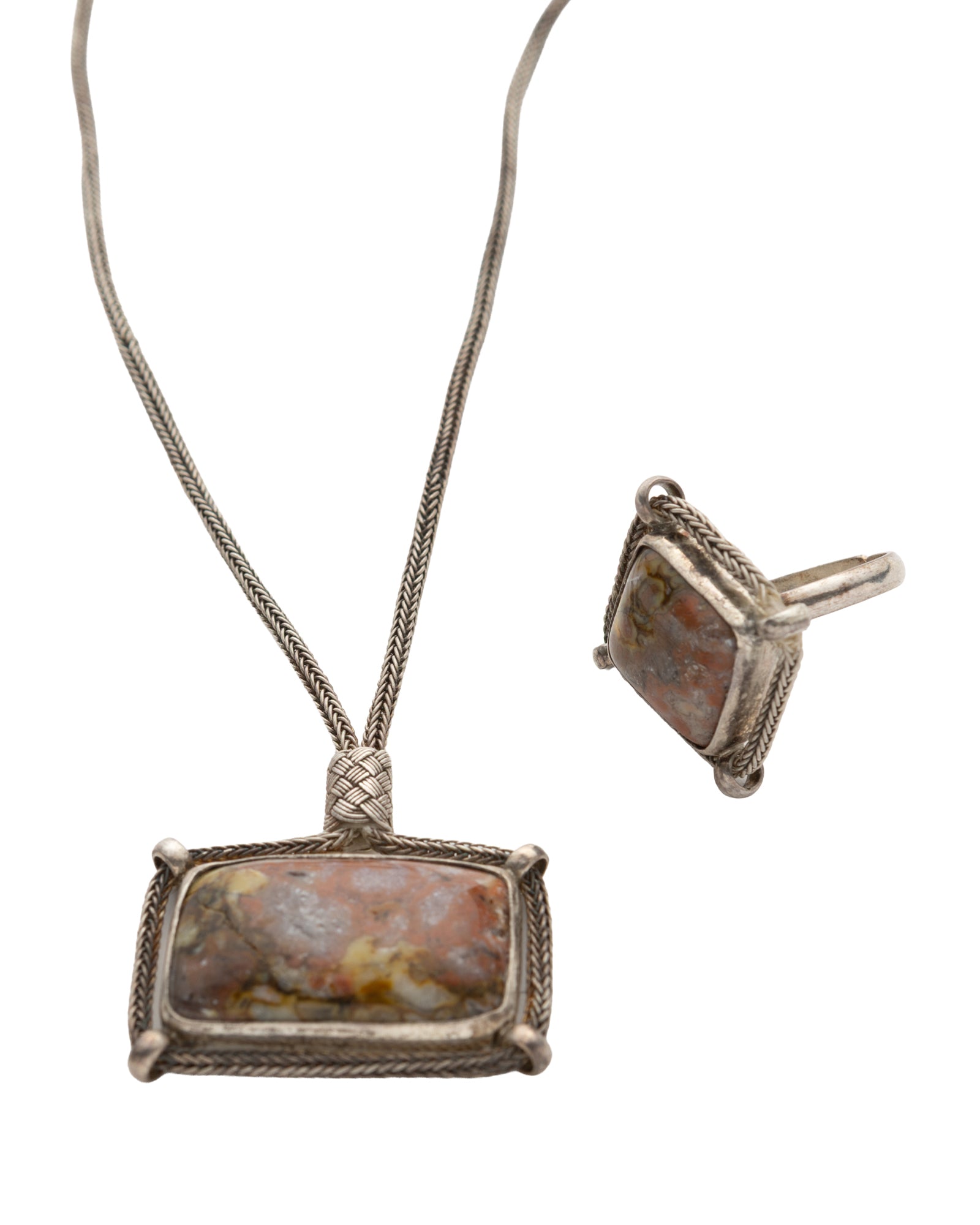 Brown-Grey Rectangle Agate Stone Necklace and Ring Set - 2100 7521