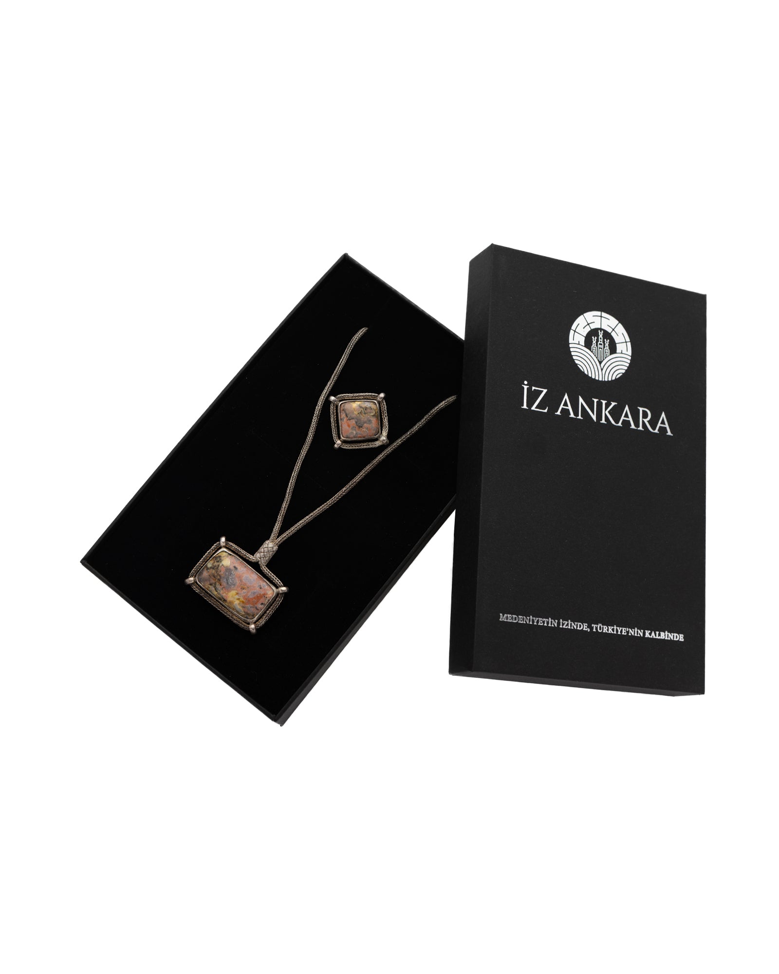 Brown-Grey Rectangle Agate Stone Necklace and Ring Set - 2100 7521