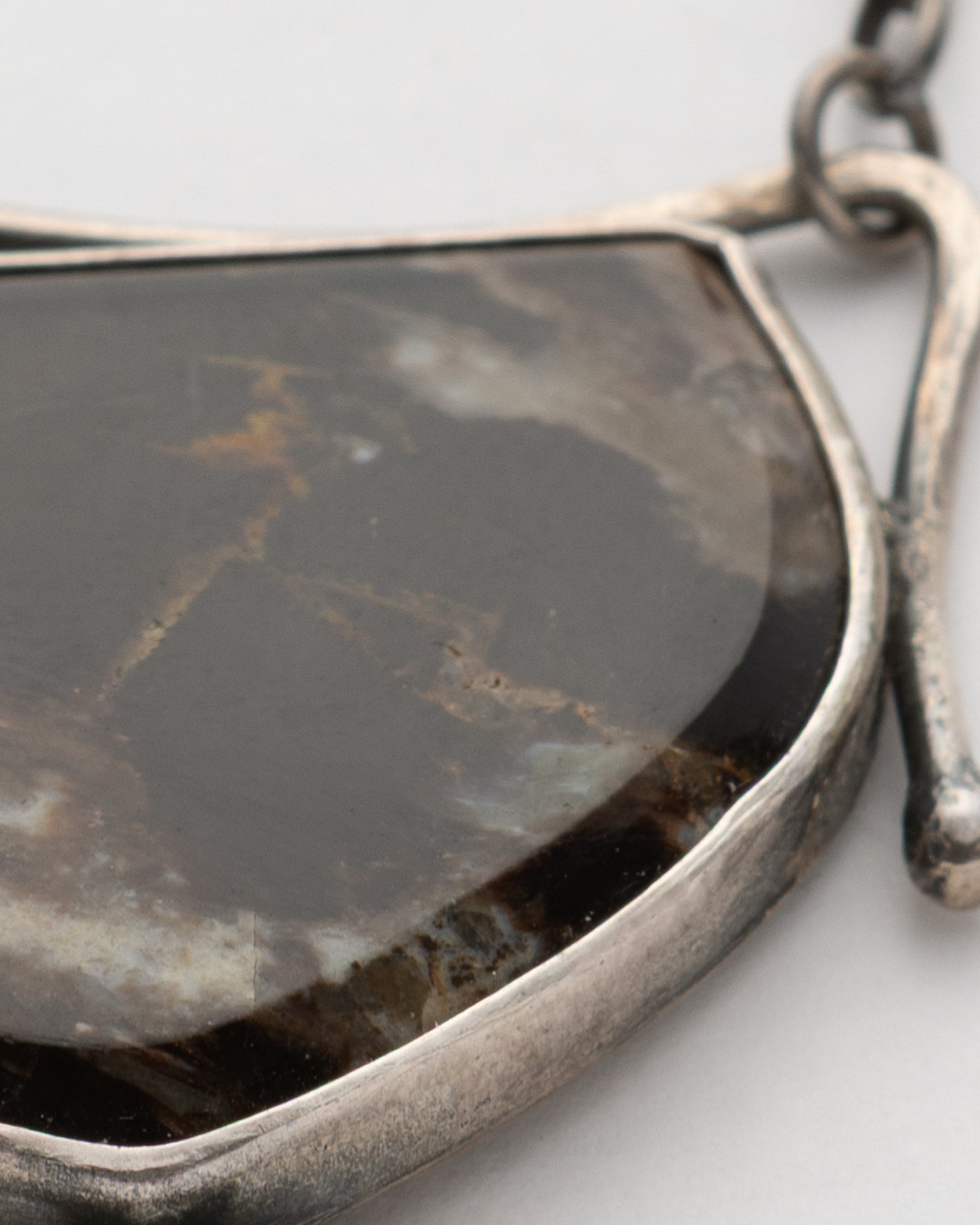 Çubuk Agate Stone - Shild-Shaped Brown Stone Silver Necklace - 2101 3164