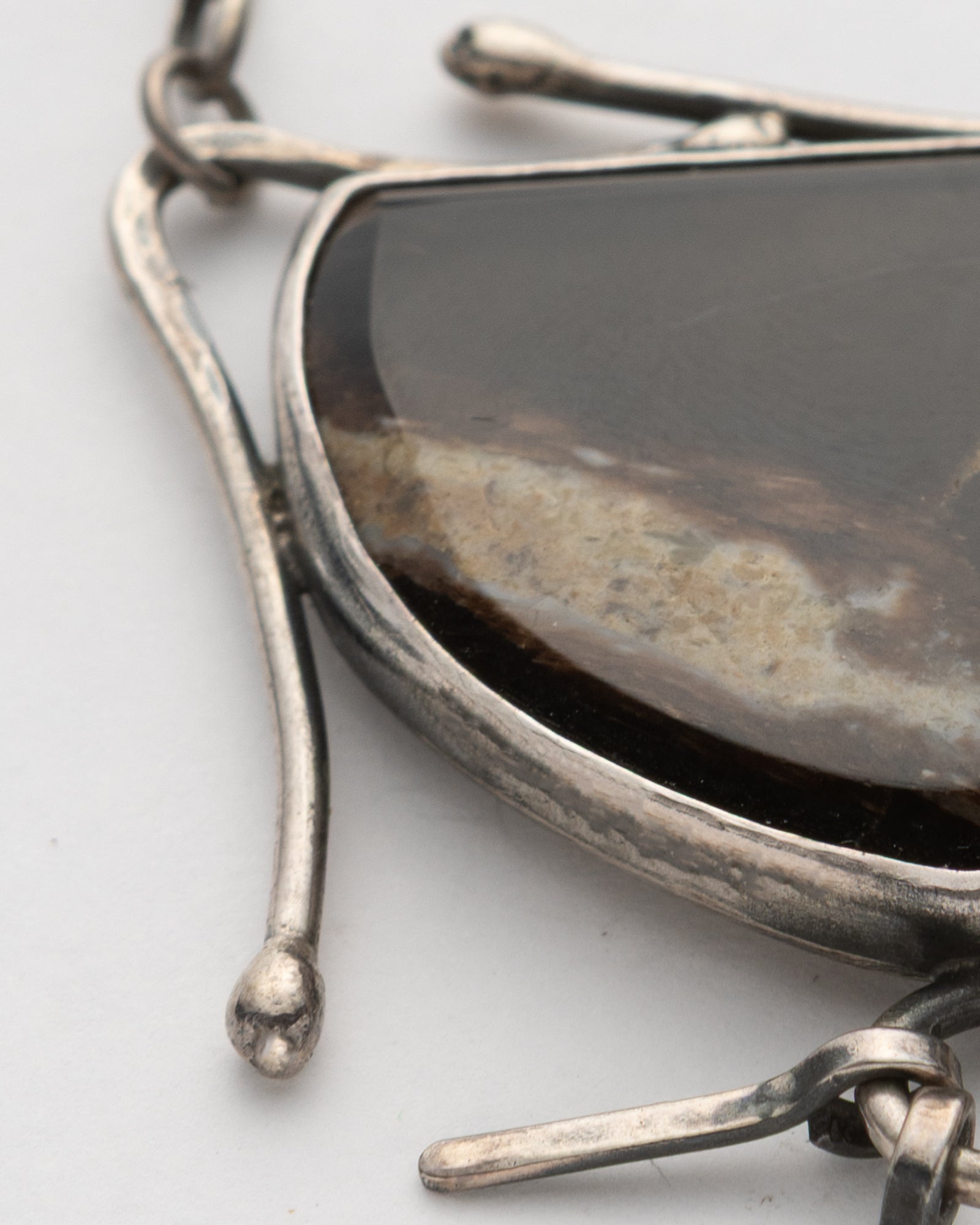 Çubuk Agate Stone - Shild-Shaped Brown Stone Silver Necklace - 2101 3164