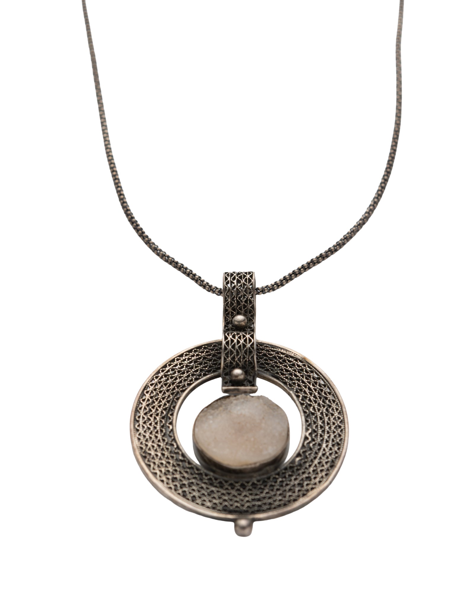 Çubuk Agate Stone - Ring-Shaped White Stone Silver Necklace - 2101 0408