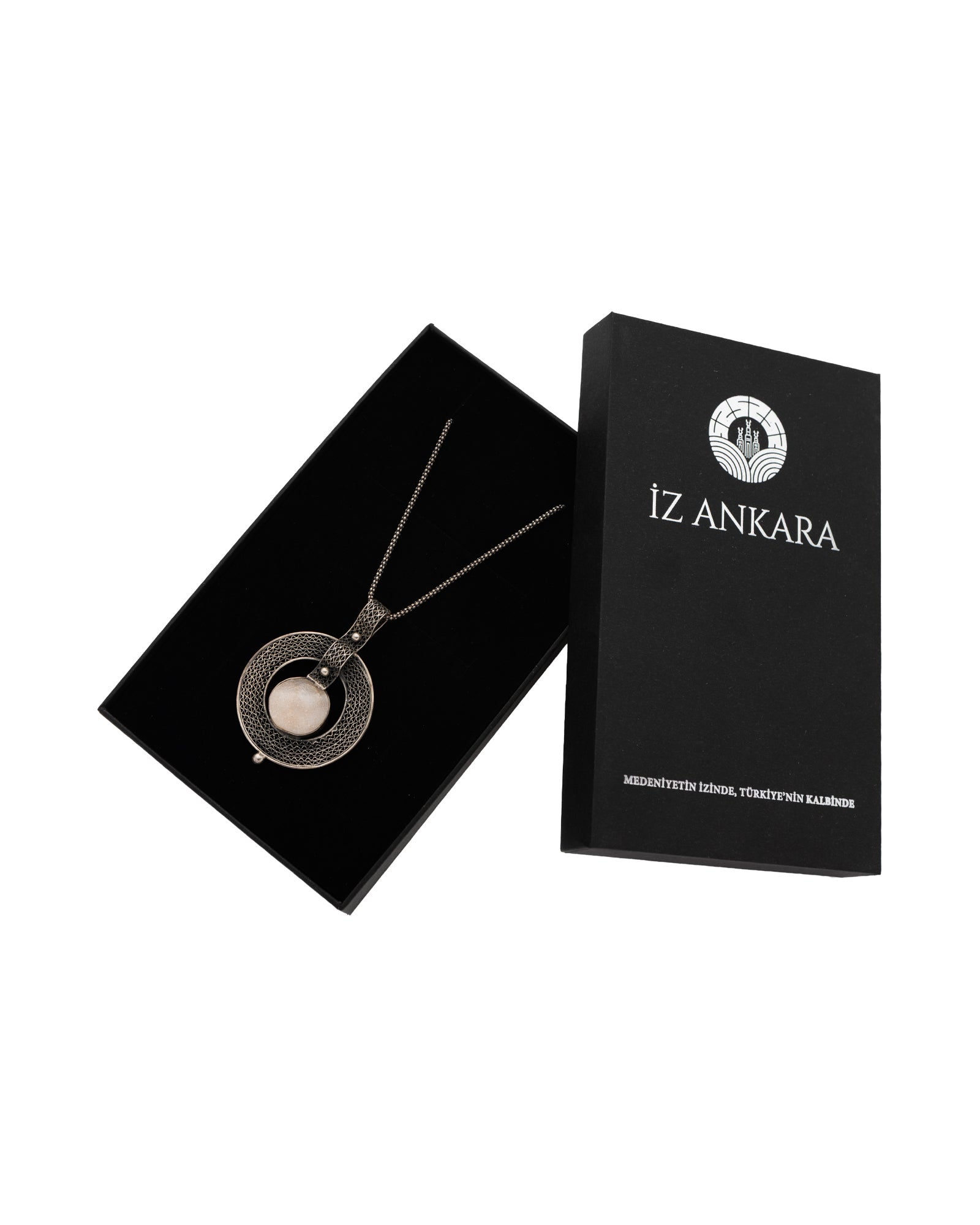 Çubuk Agate Stone - Ring-Shaped White Stone Silver Necklace - 2101 0408