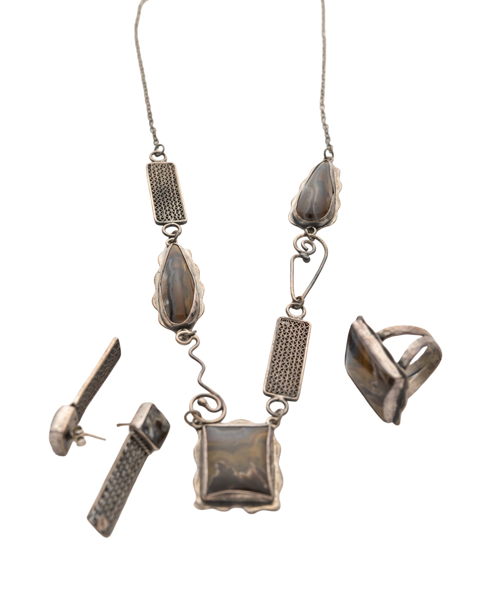 Brown-Gray Mixed-Shape Agate Necklace, Ring and Earring Set - 2100 7361