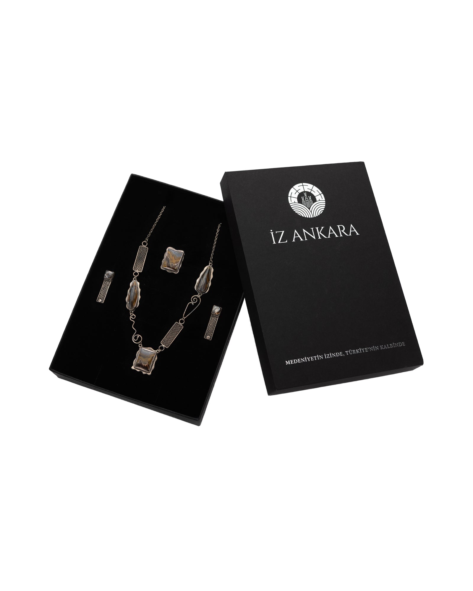 Brown-Gray Mixed-Shape Agate Necklace, Ring and Earring Set - 2100 7361