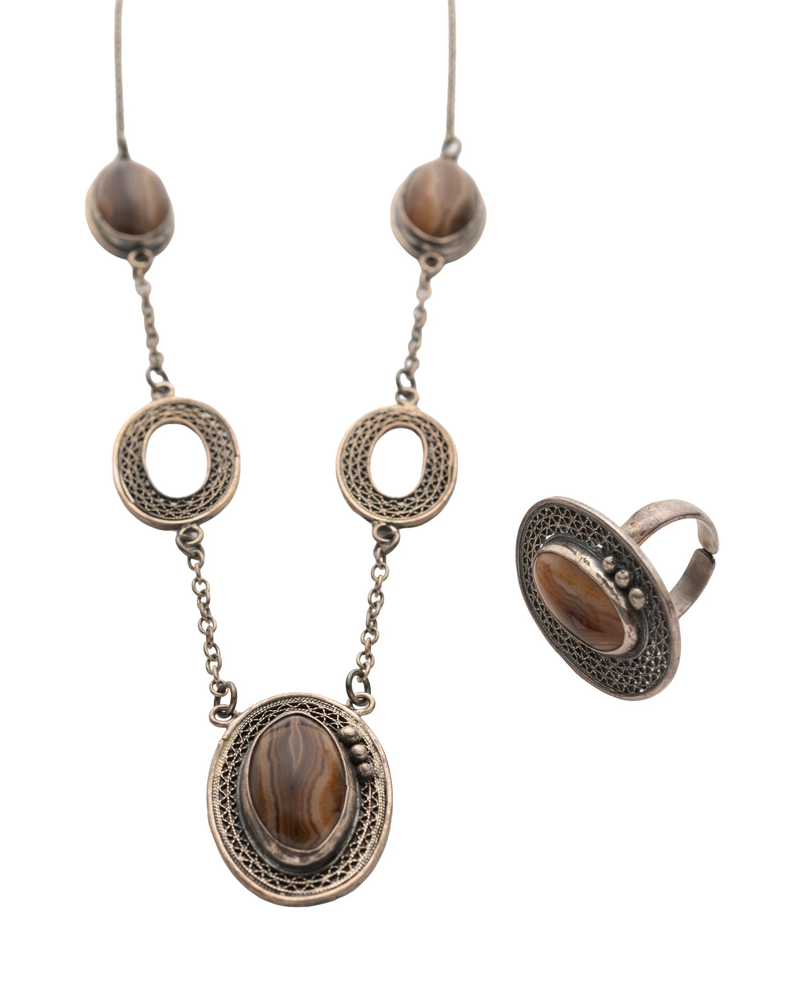 Brown-Gray Oval Agate Silver Necklace and Ring Set - 2100 7385
