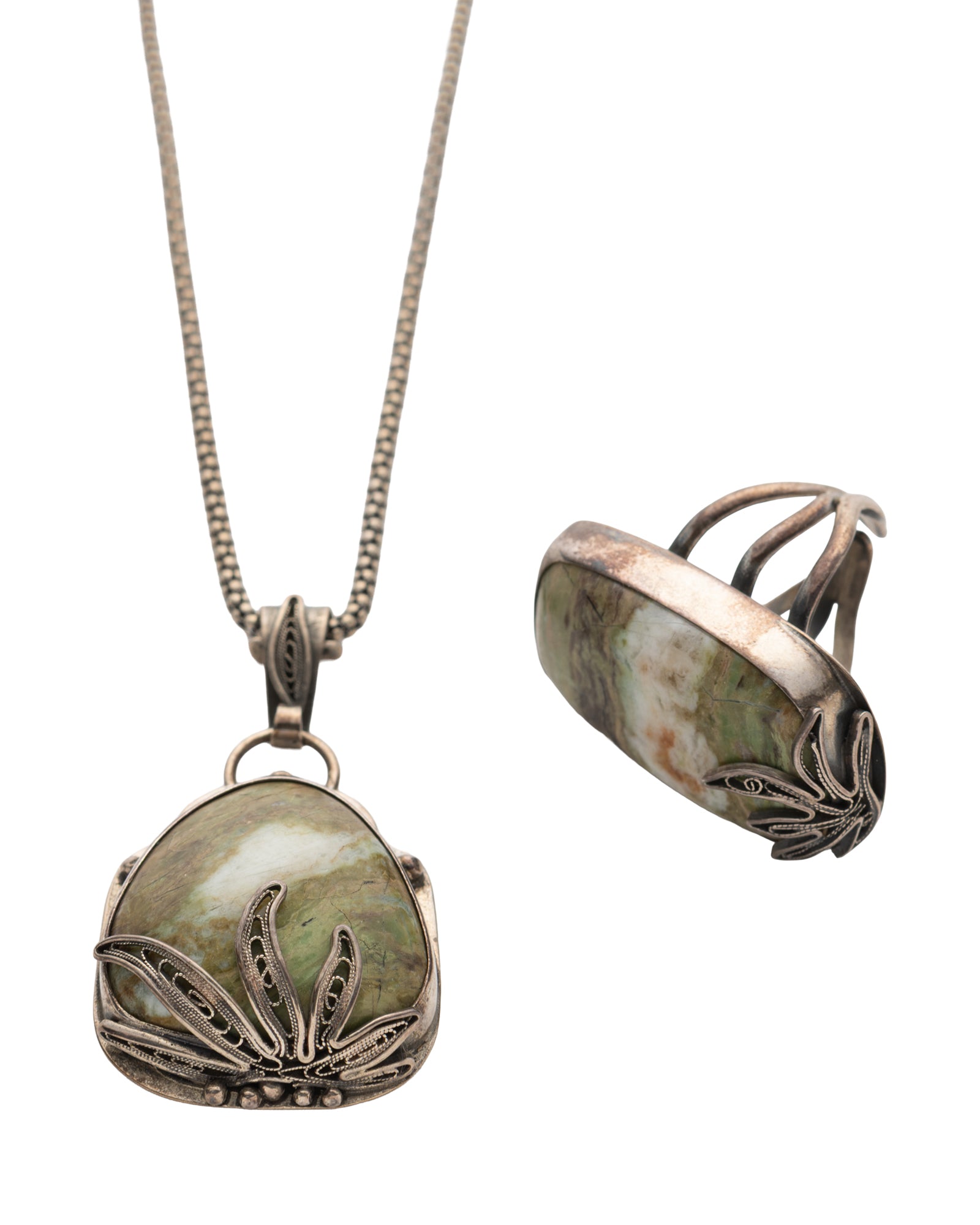 Green-Brown Rectangular Agate Necklace and Ring Set - 2100 7392