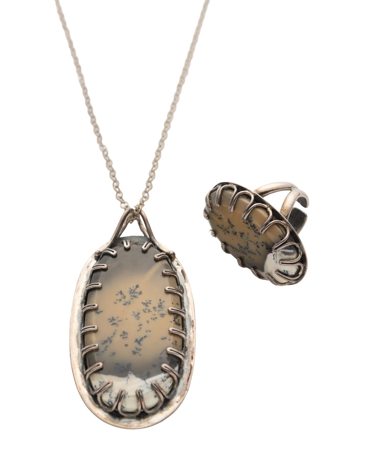 Brown and White Tree Patterned Oval Agate Necklace and Ring Set - 2100 7415