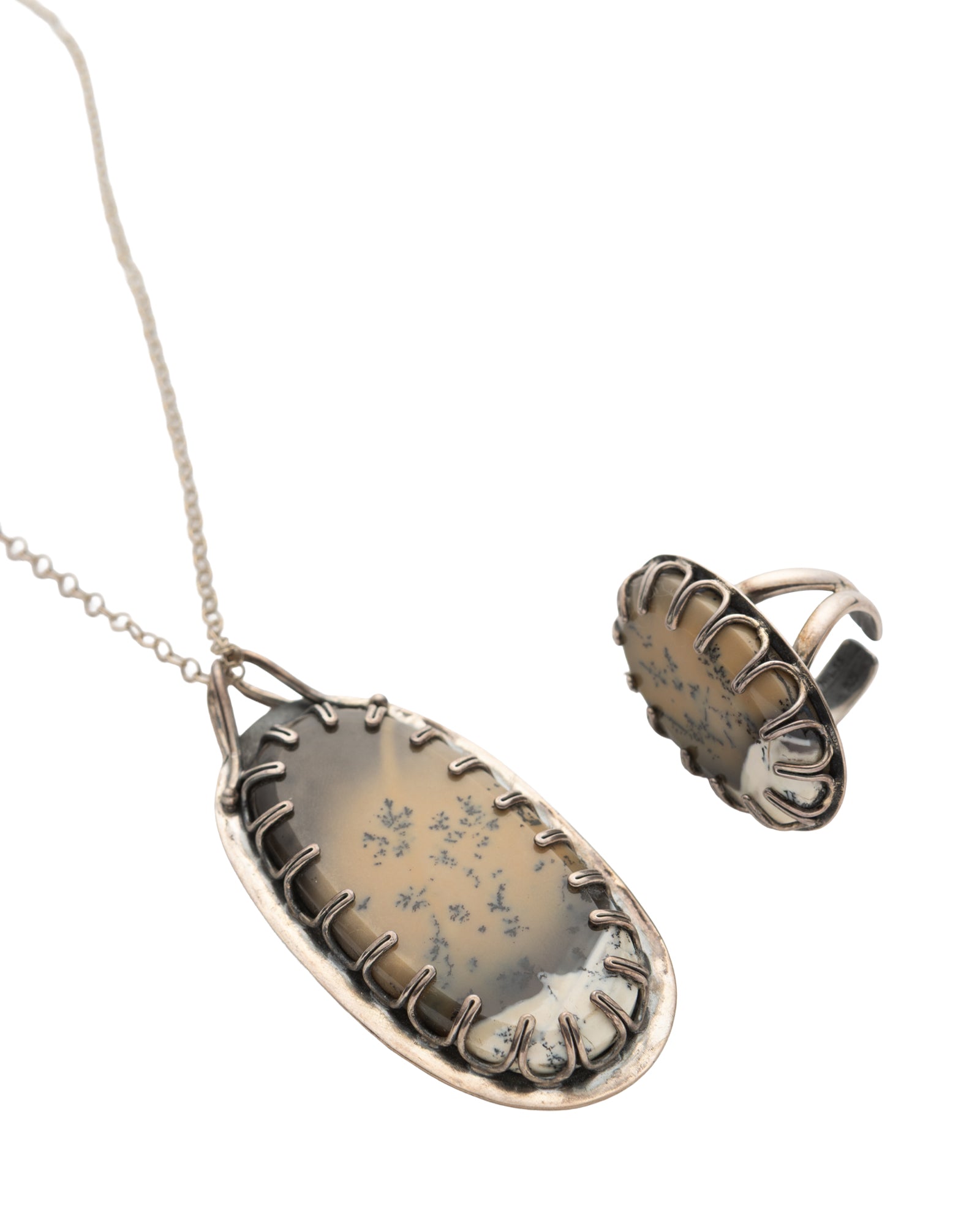 Brown and White Tree Patterned Oval Agate Necklace and Ring Set - 2100 7415