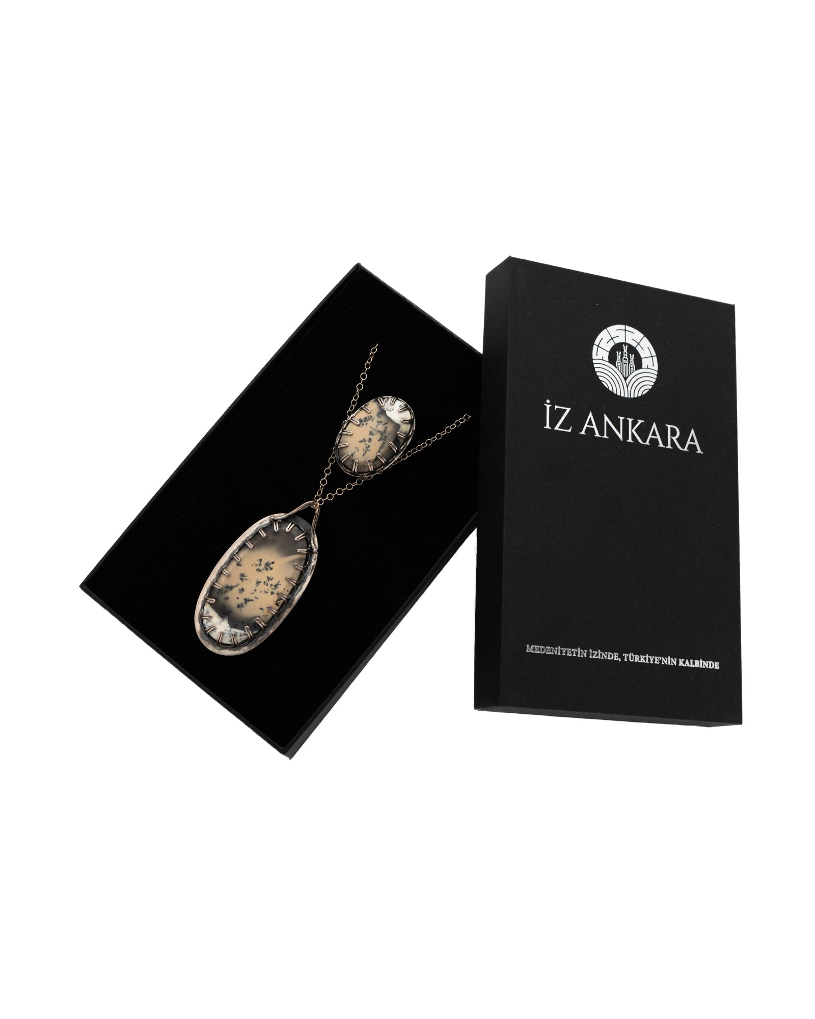 Brown and White Tree Patterned Oval Agate Necklace and Ring Set - 2100 7415