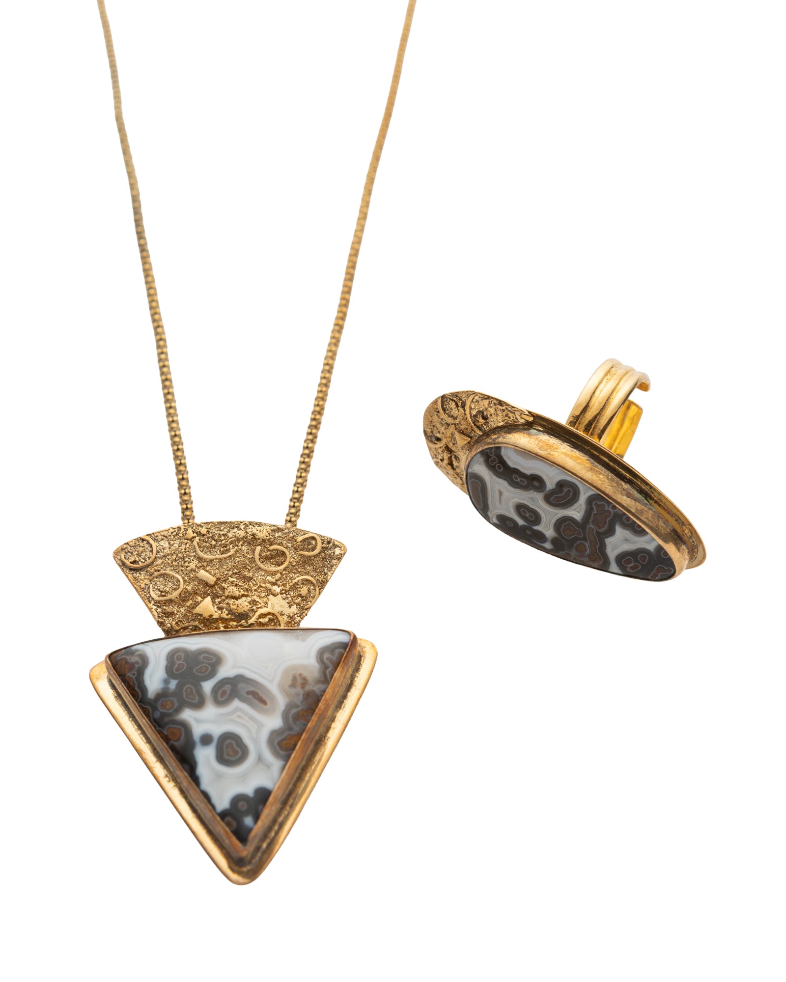 White-Brown Patterned Triangle and Oval Agate Necklace and Ring Set - 2100 7422