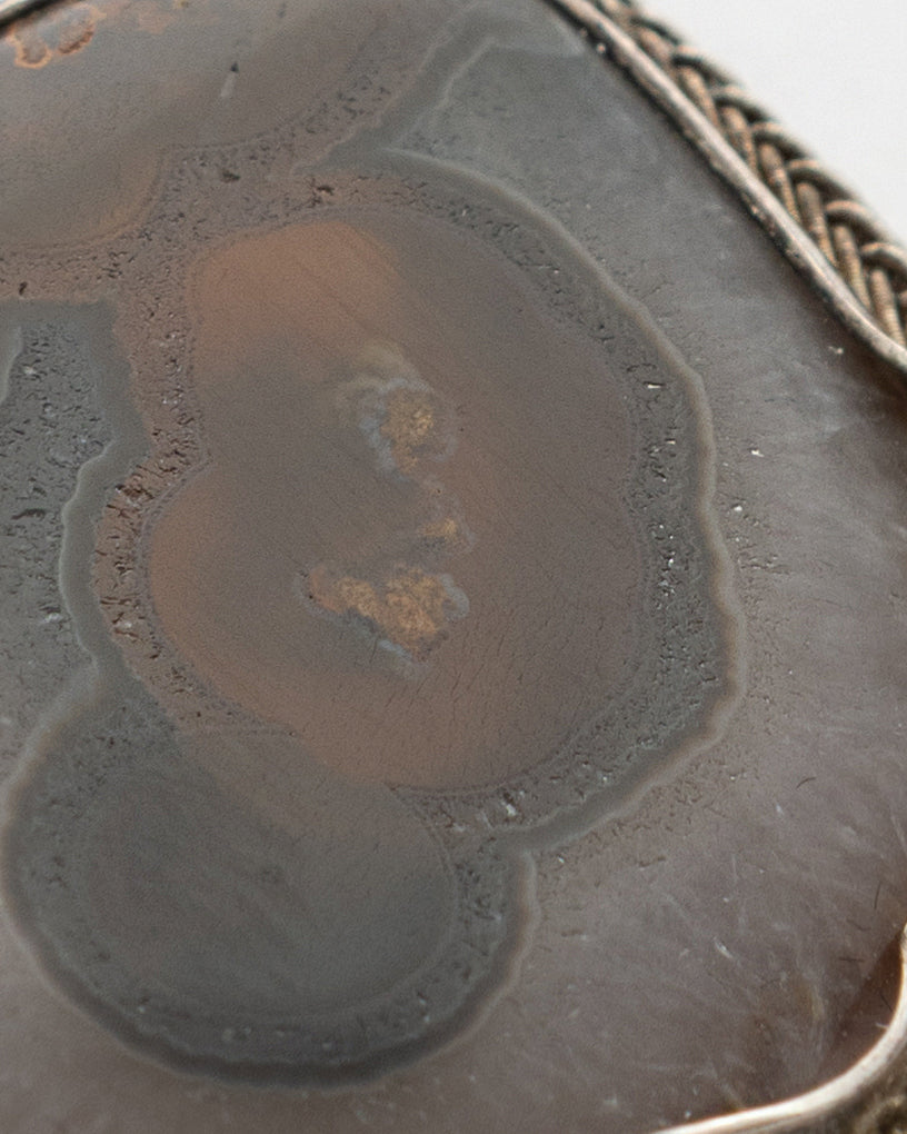 Brown-White Patterned Agate Stone Bracelet and Brooch Set - 2100 7248