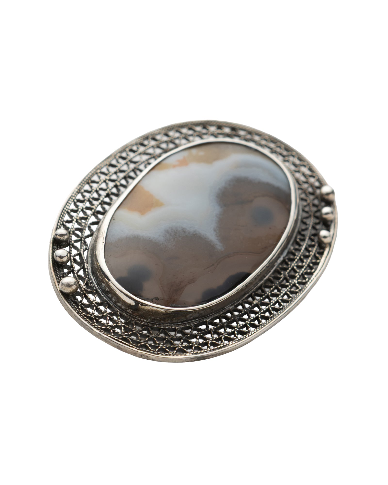 Yellow-White Oval Shaped Agate Brooch - 2101 3041