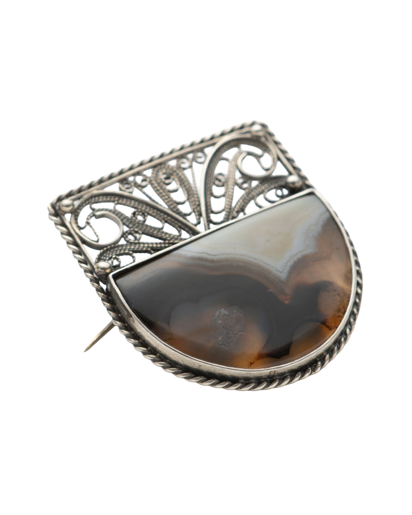 Çubuk Agate Stone Filigree Shield Silver Brooch - 21012662