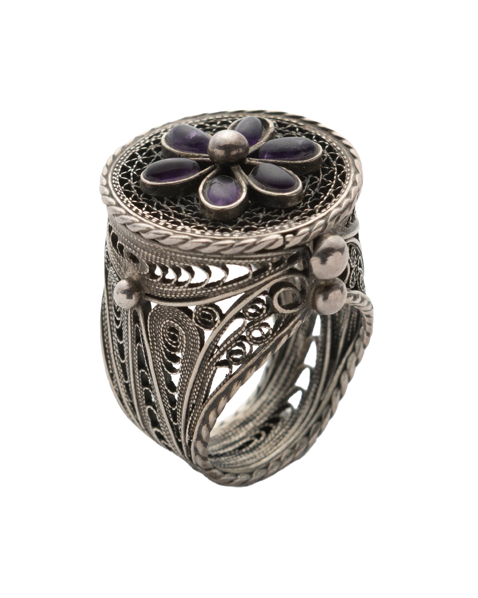 Purple Flower-Patterned Agate Filigree Ring - 2100 7095