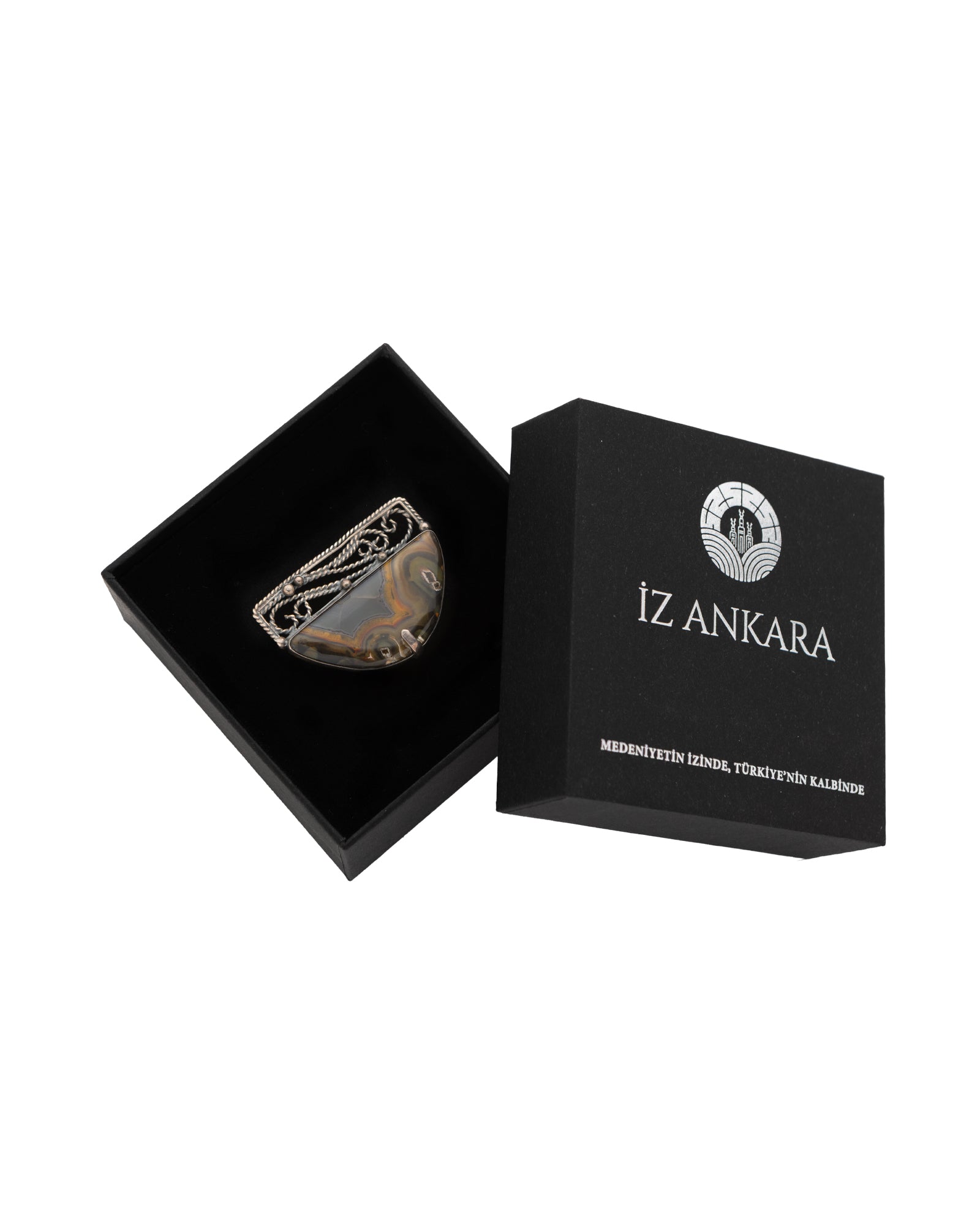 Brown-Gray Half-Moon Agate Brooch and Ring Set - 2100 7170