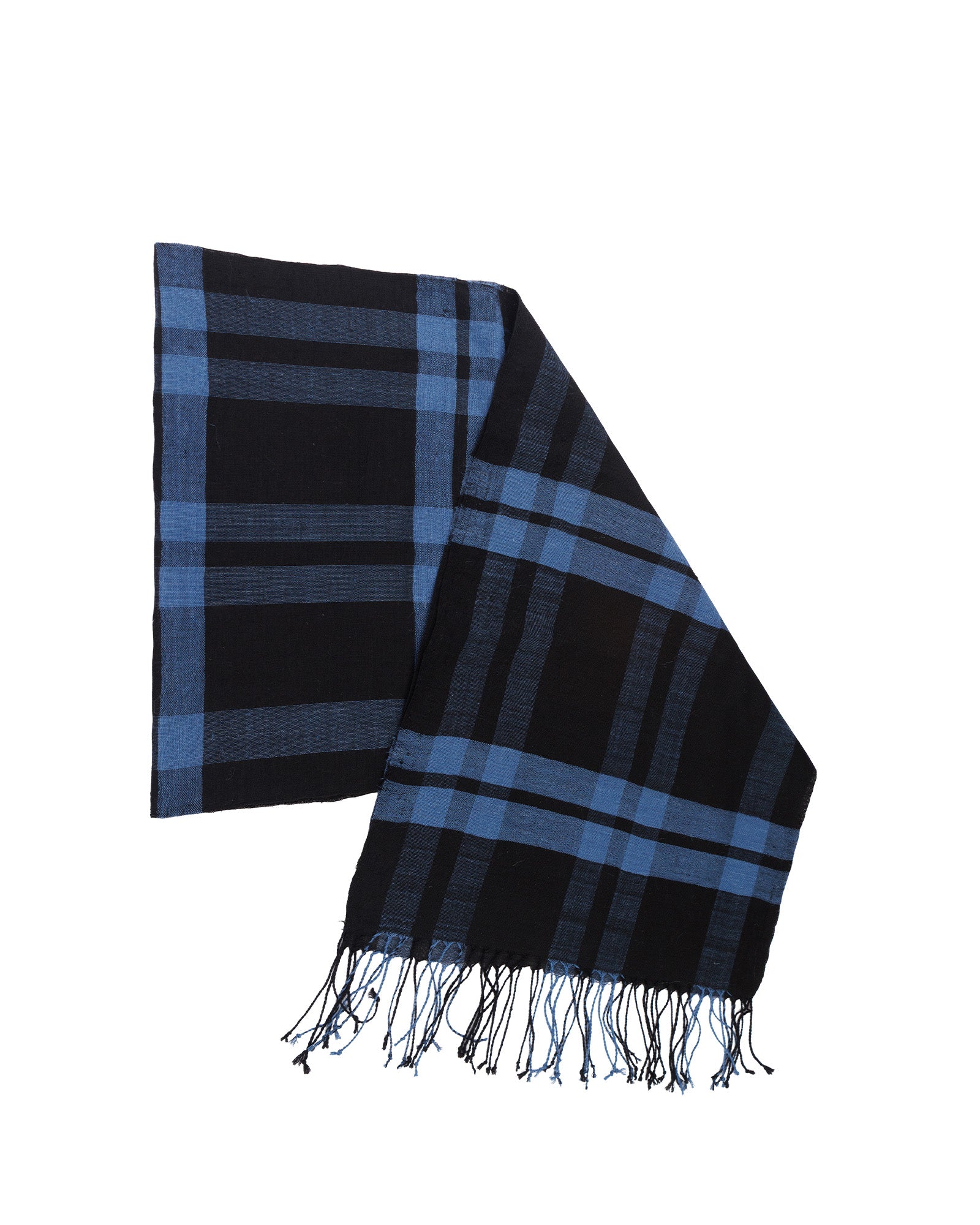 Black and blue plaid scarf with fringes on a white background