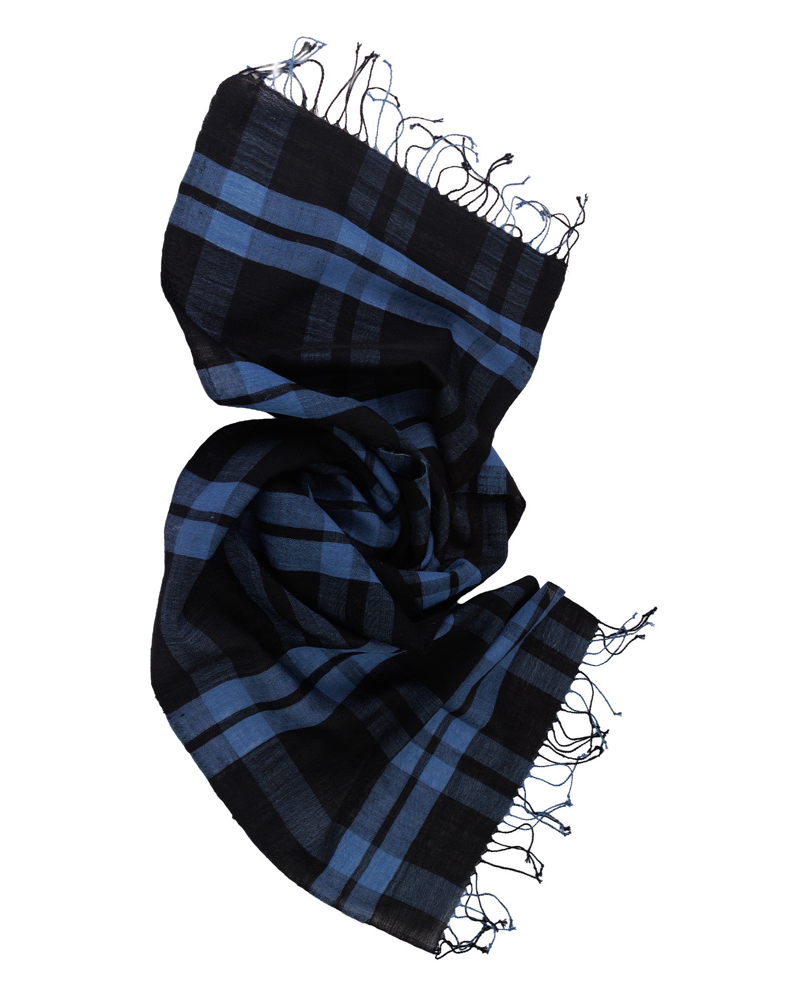 Black and blue plaid scarf on a white background