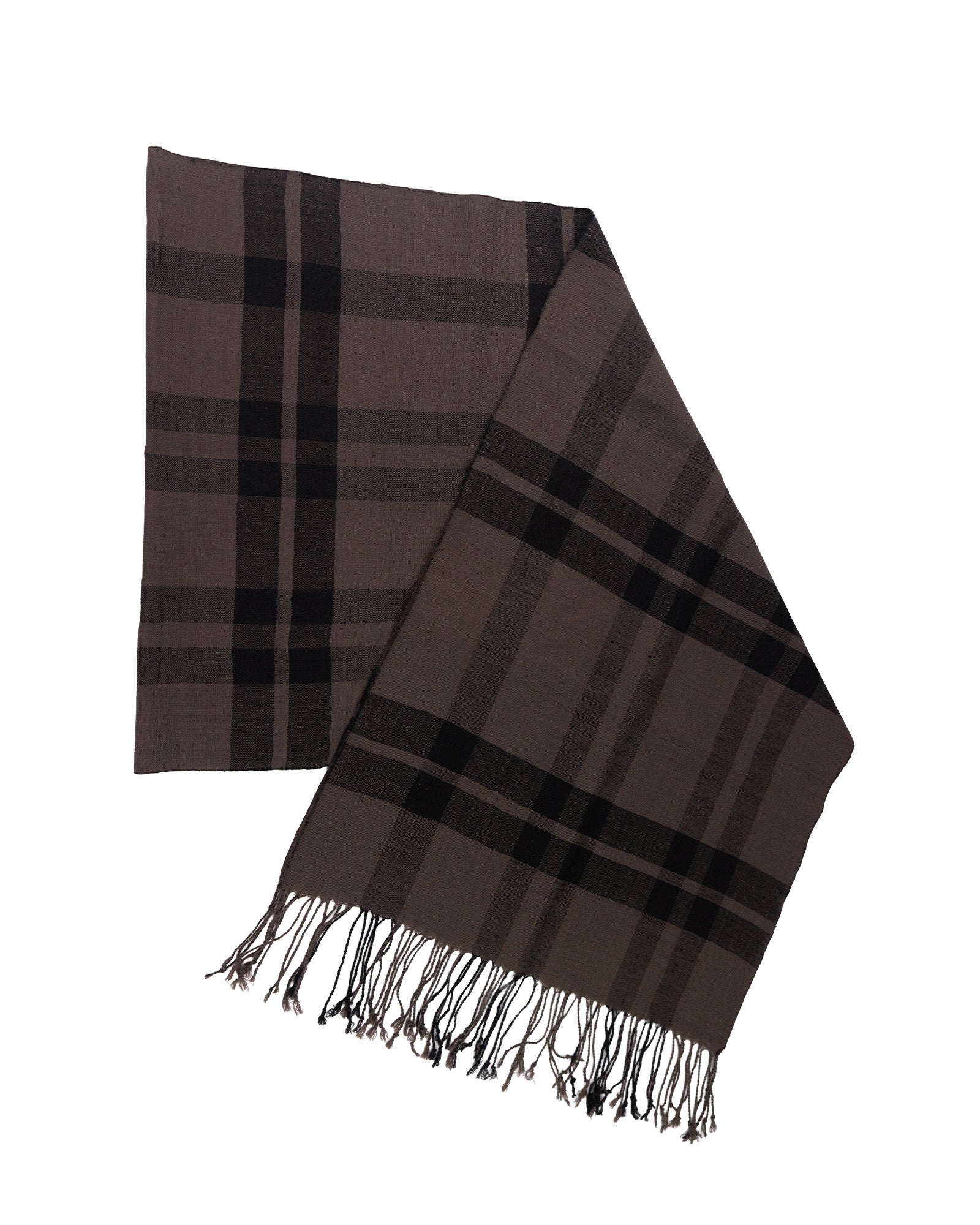 Brown plaid scarf with fringes on a white background