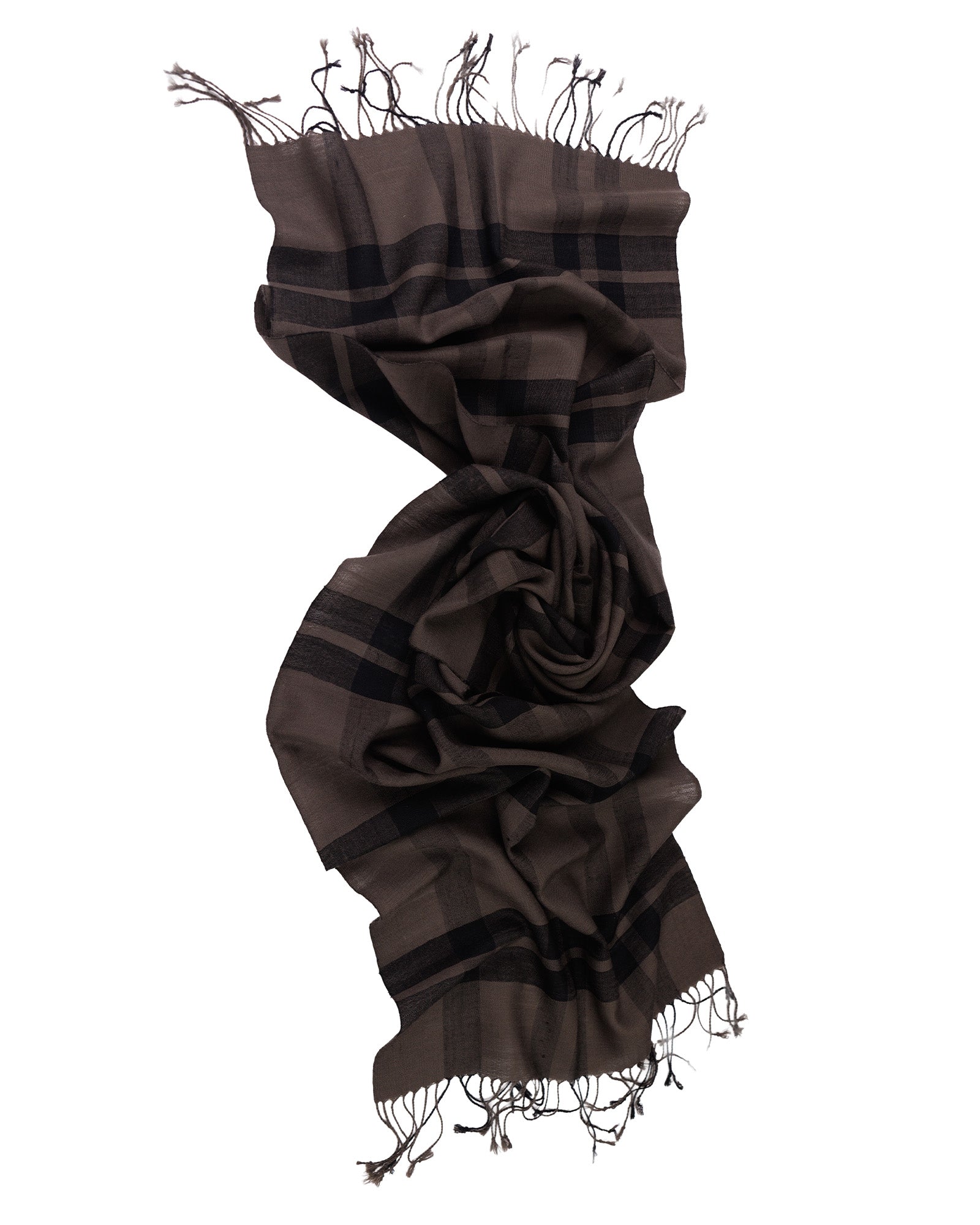 Brown striped scarf with tassels on a white background