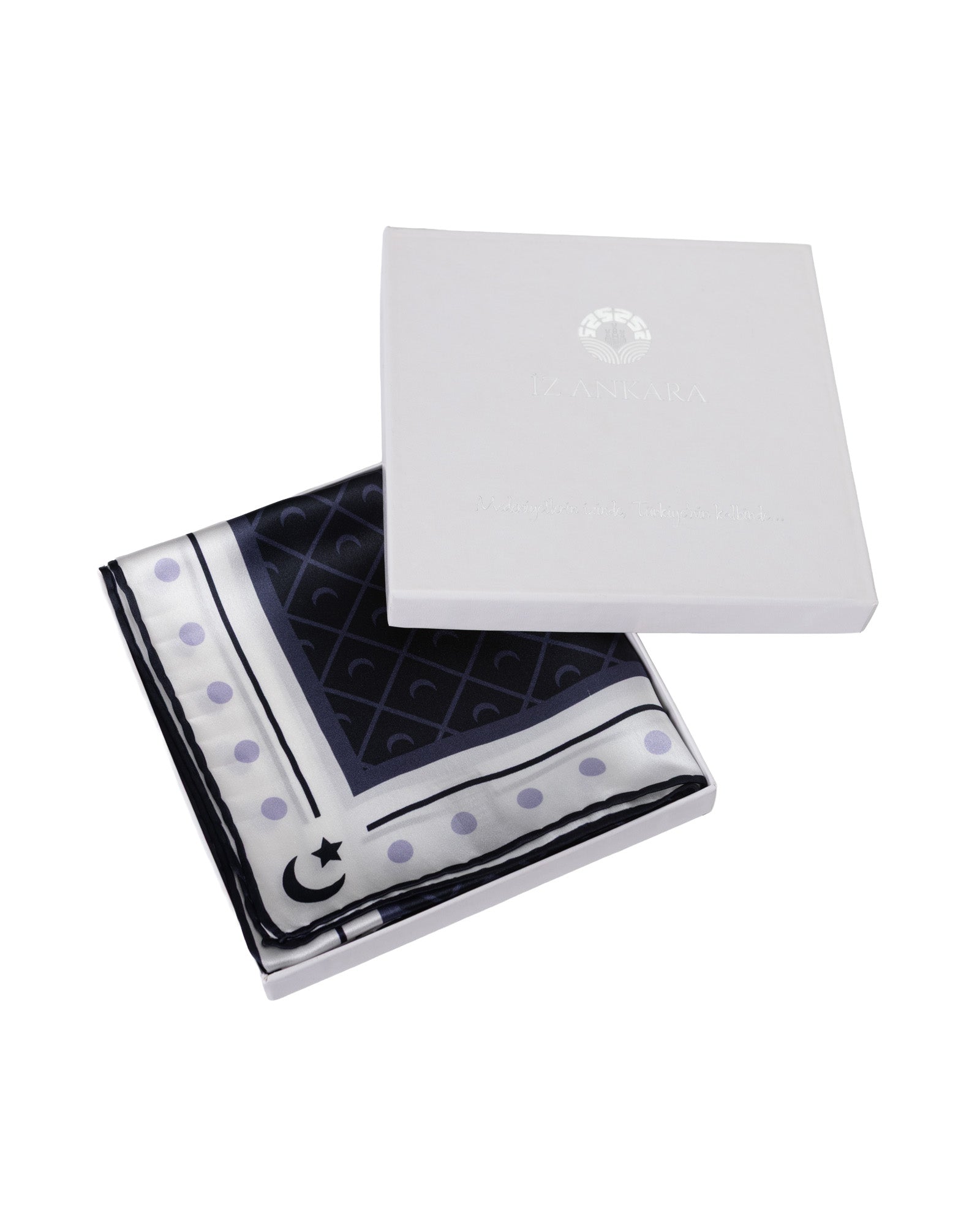 Crescent and Star Patterned Silk Scarf | White - Navy