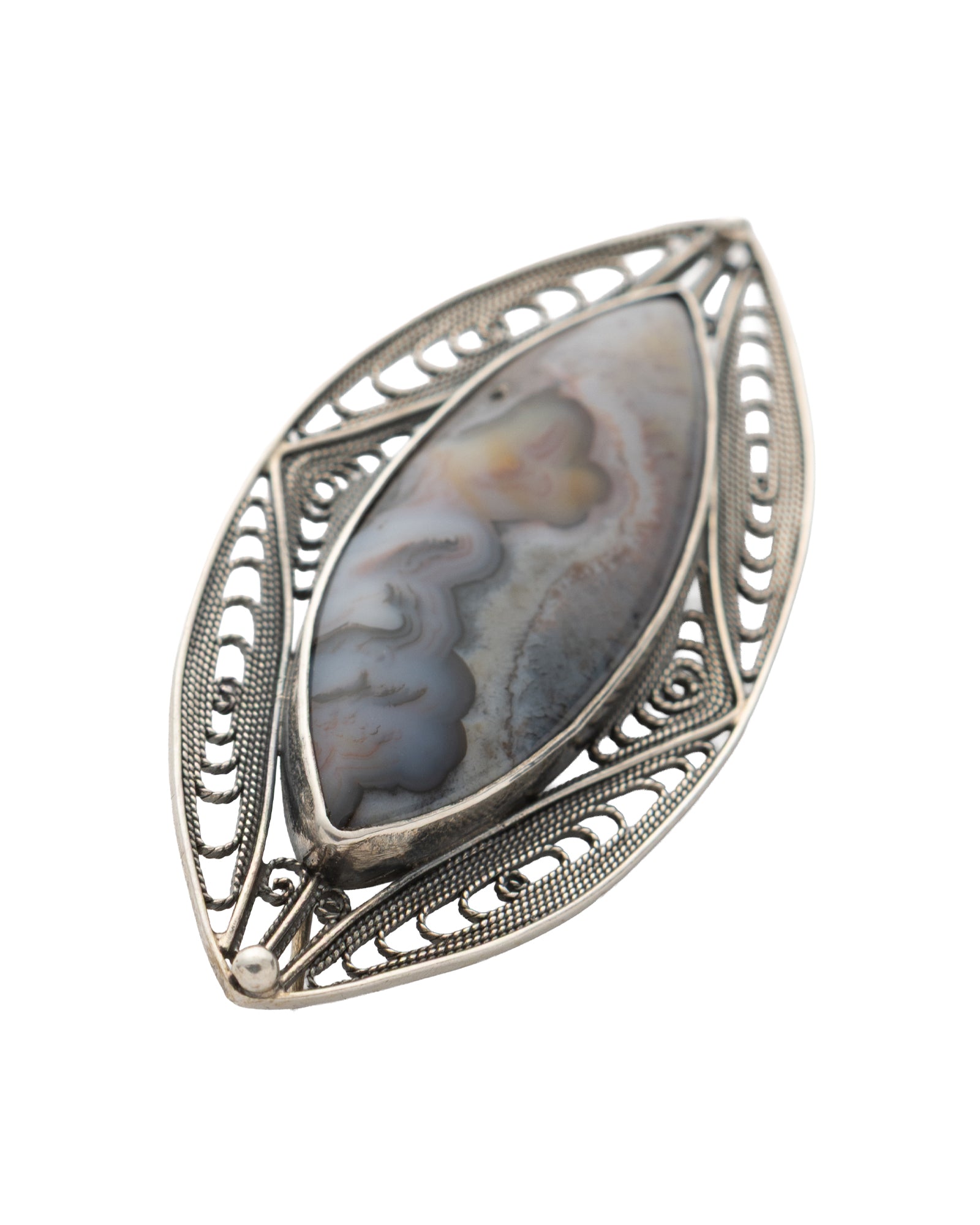 Gray-Cream Long Oval Shaped Agate Stone Filigree Brooch - 2101 3010