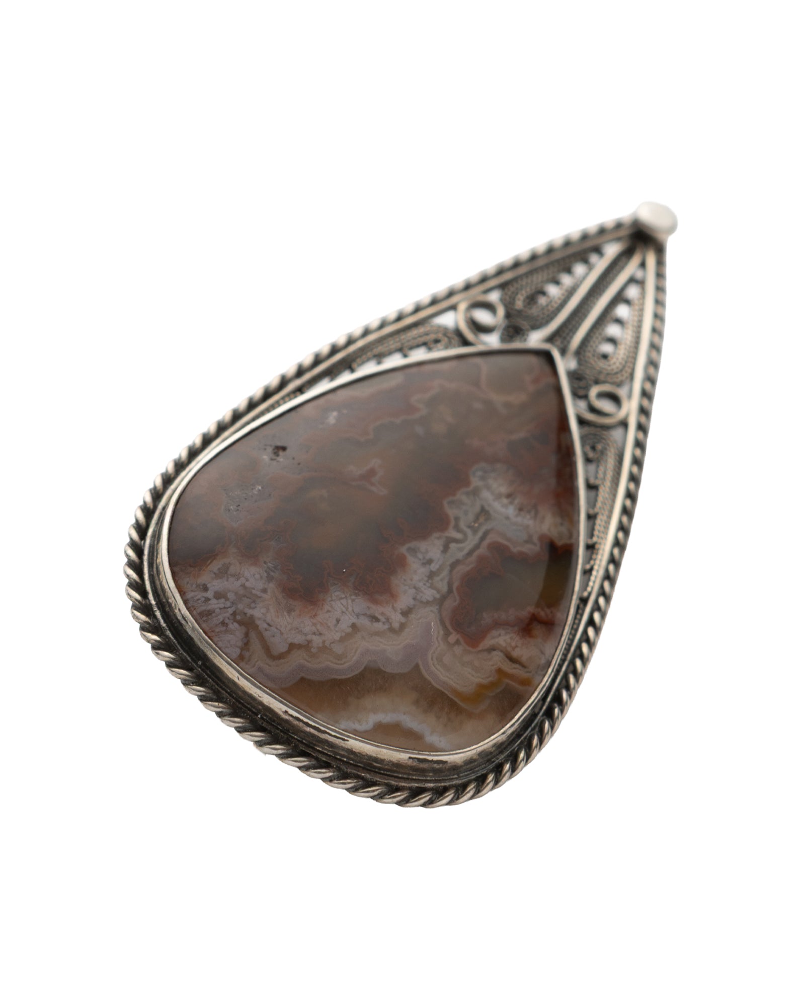 Brown-Beige Teardrop Shaped Agate Stone Filigree Brooch - 2101 3072