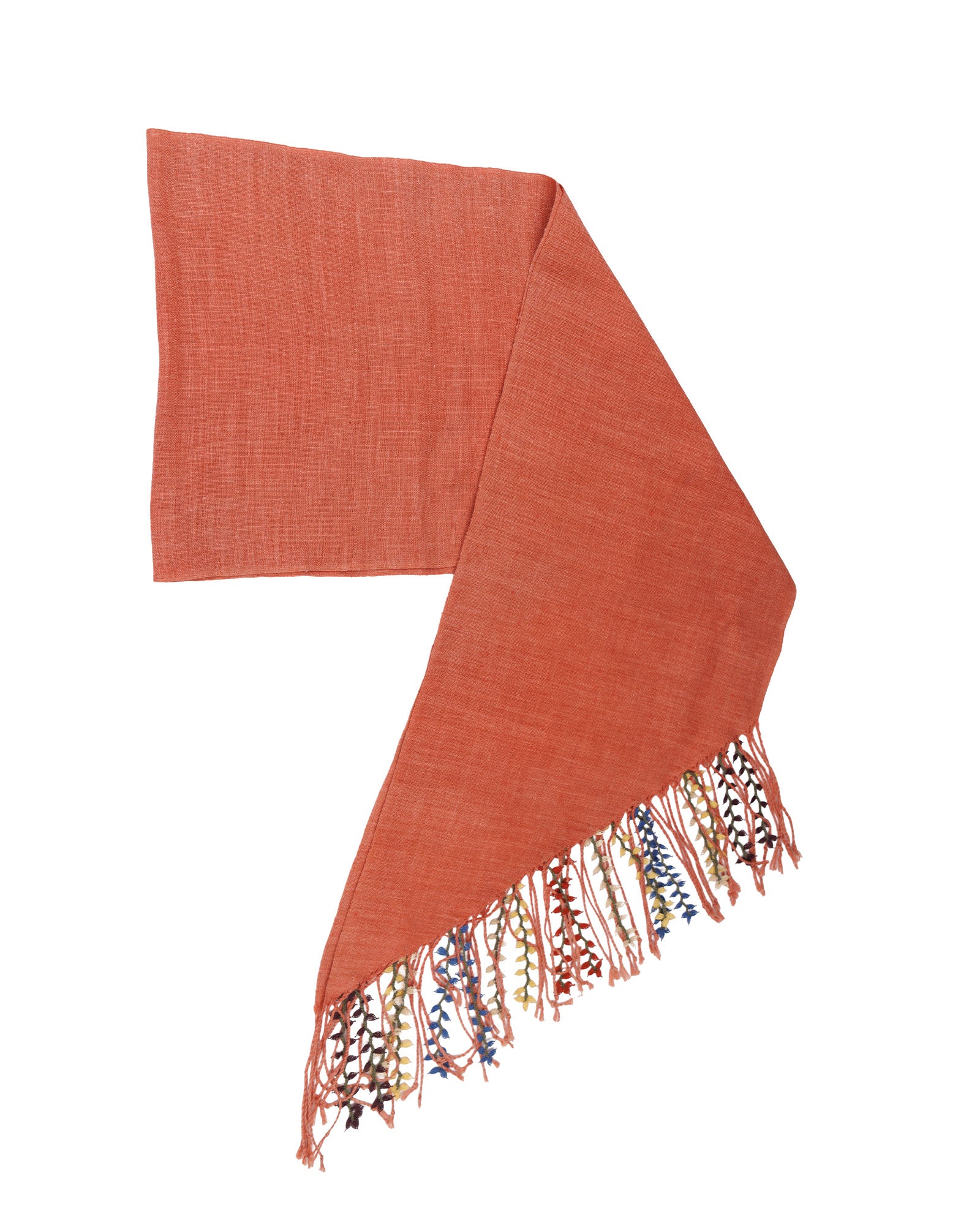 Orange scarf with colorful fringe on a white background