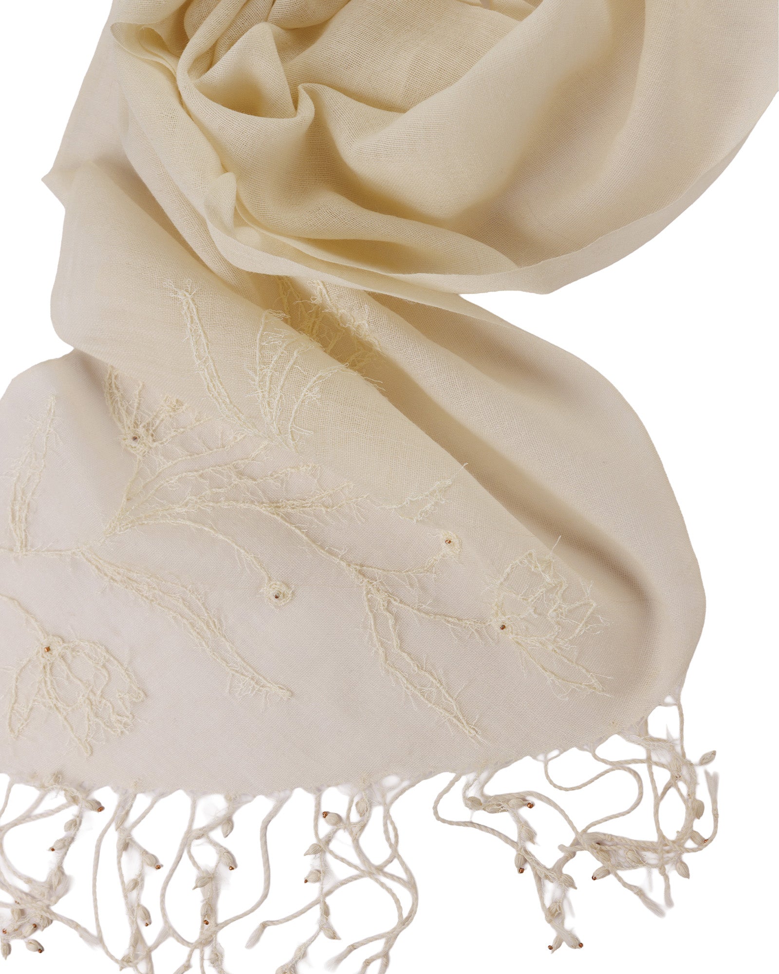 Beige scarf with intricate patterns on a white background