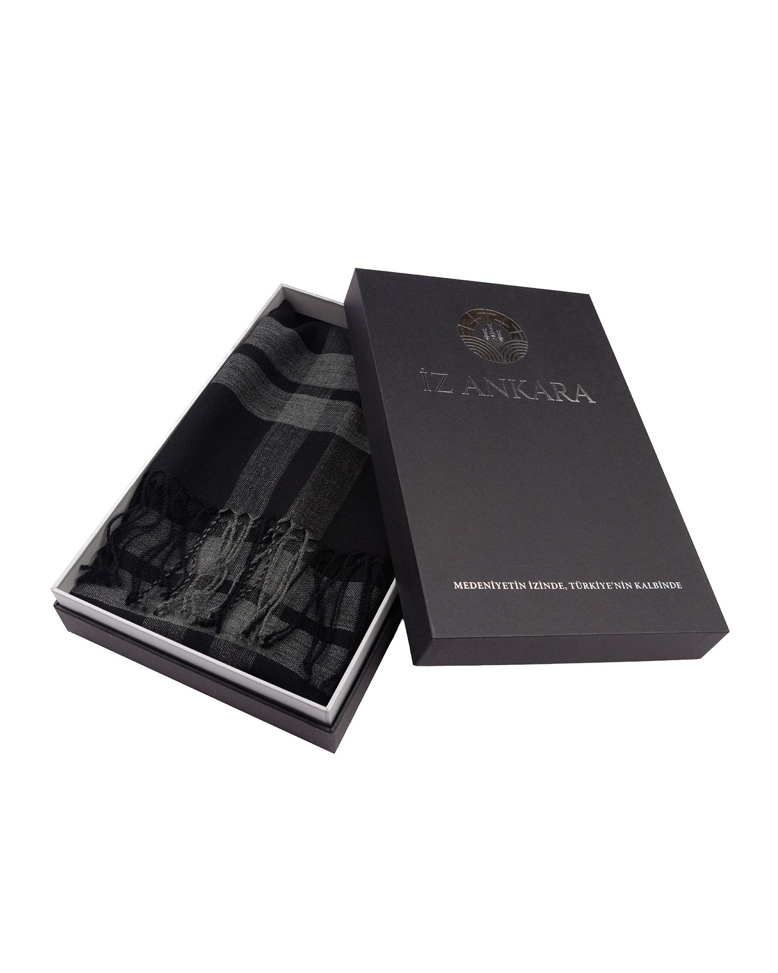 Black scarf in an open box with 'ANKARA' branding on a white background