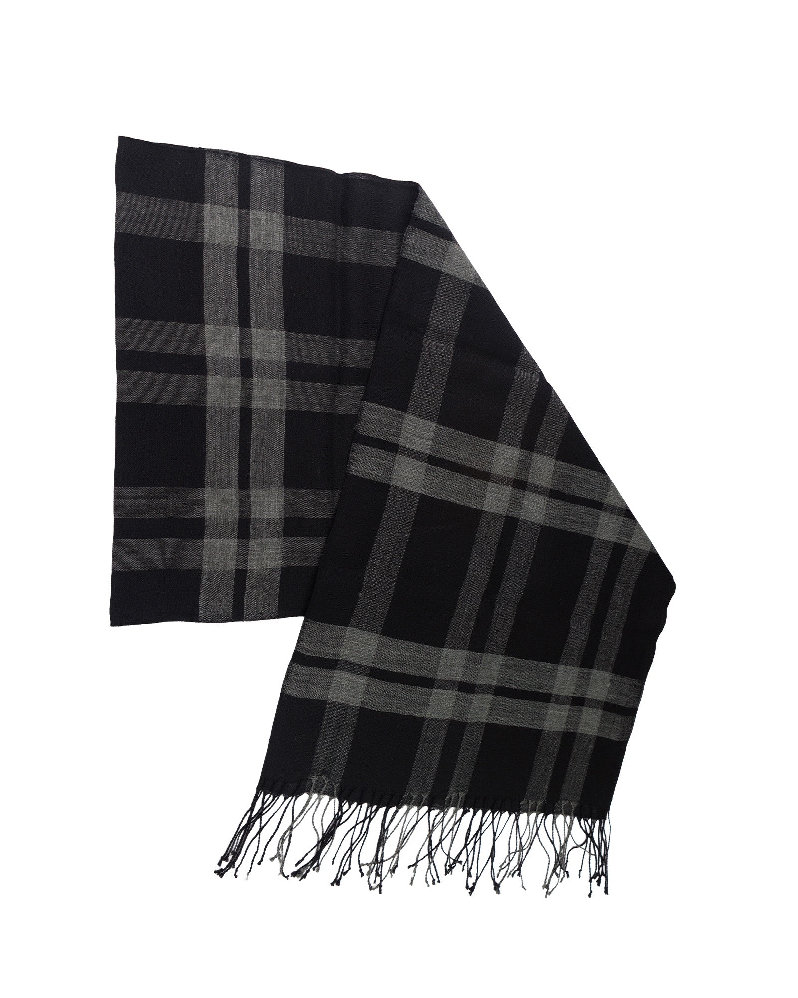 Black and gray plaid scarf with fringes on a white background