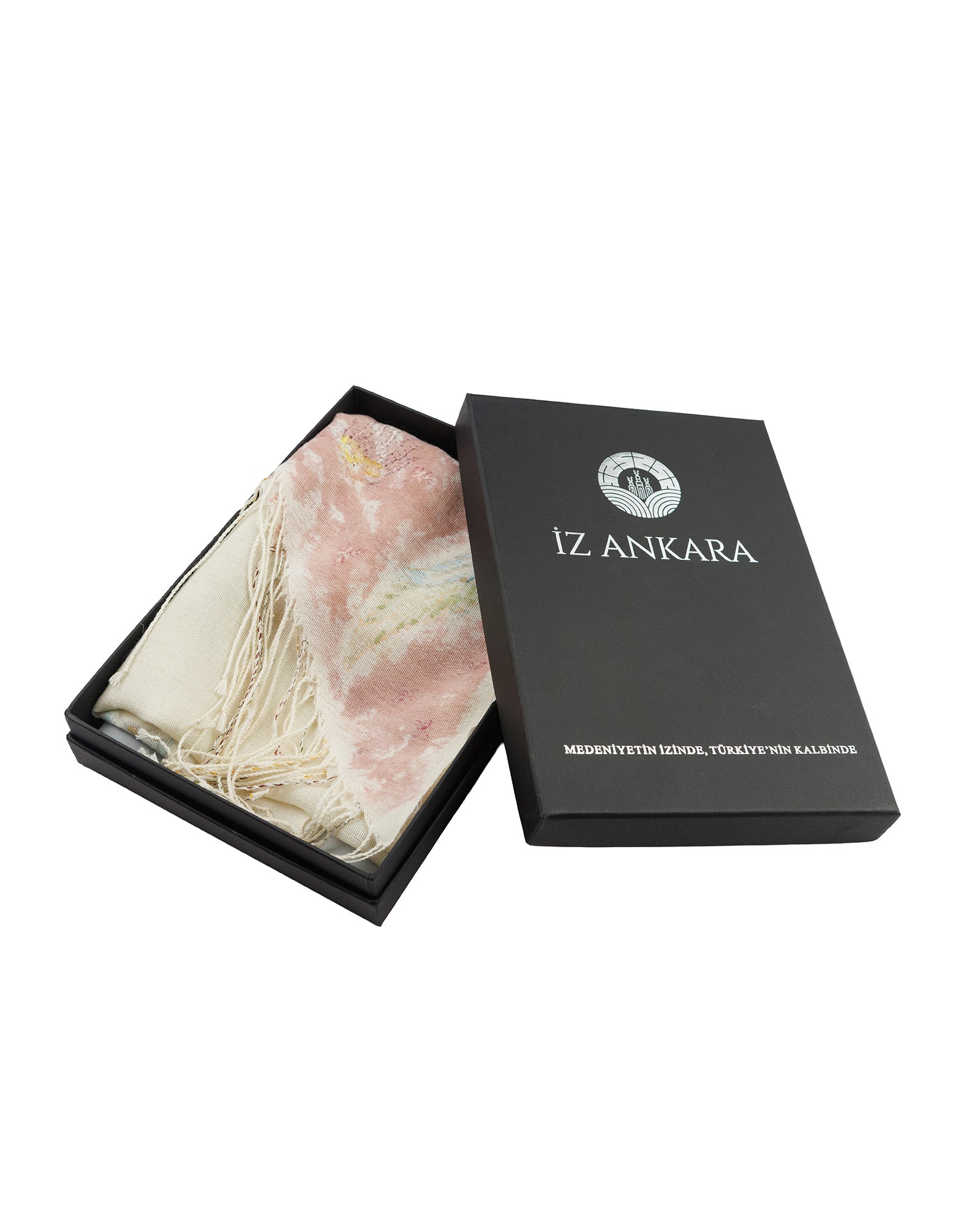 Pink scarf in a black 'IZ ANKARA' box on a white background