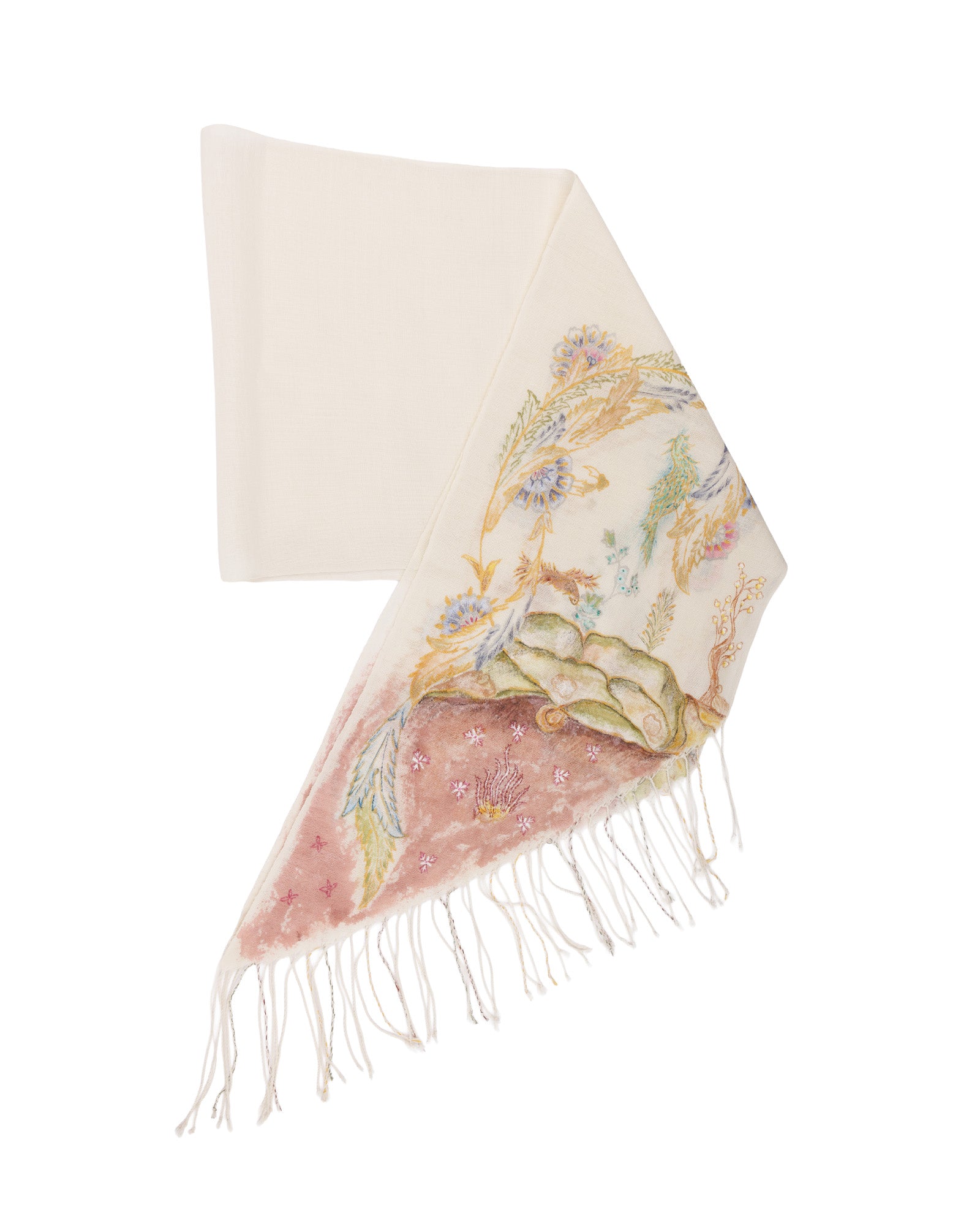Decorative scarf with floral and shell pattern on a white background