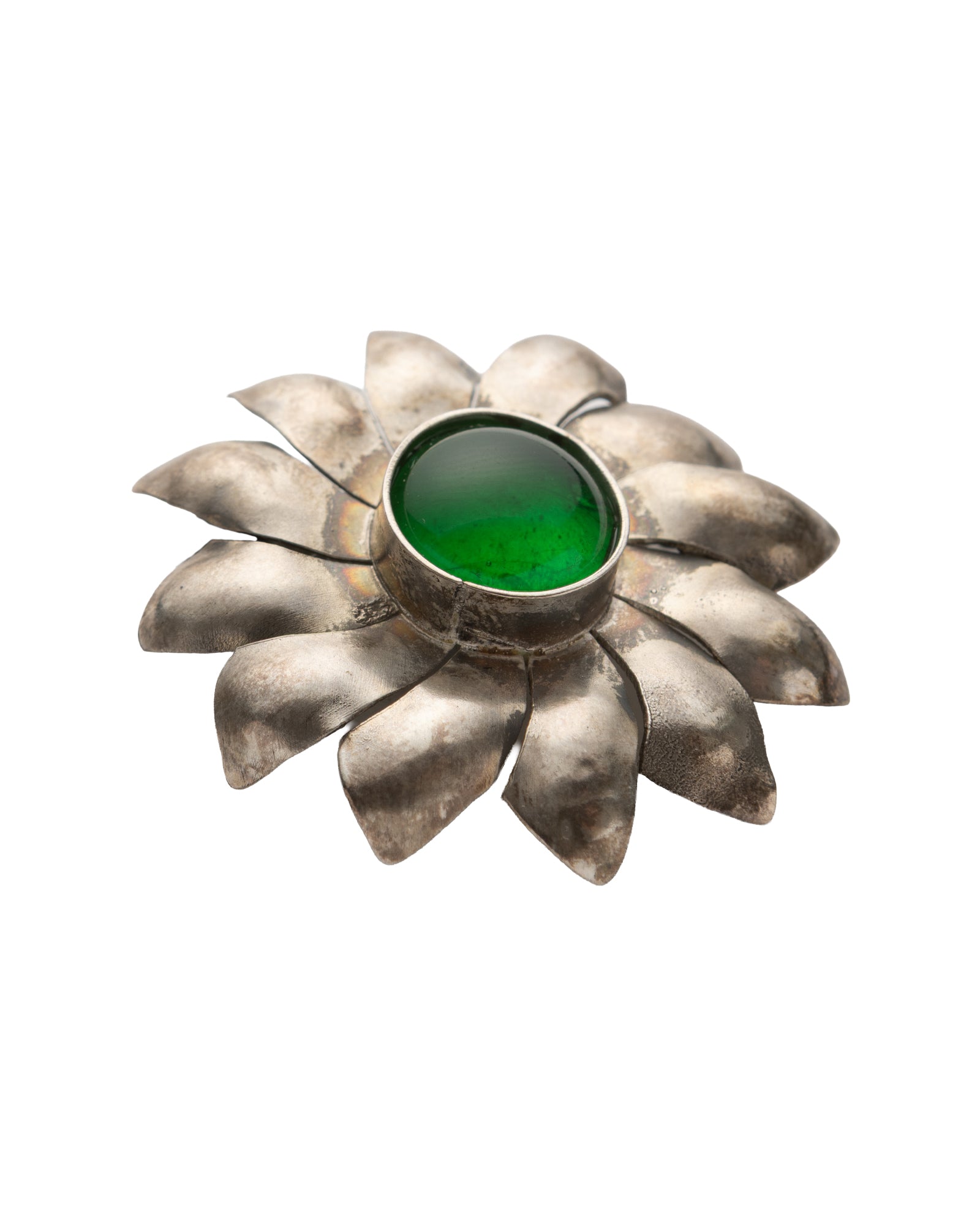 Windrose Motif Silver Brooch with Green Glass - 2100 6678