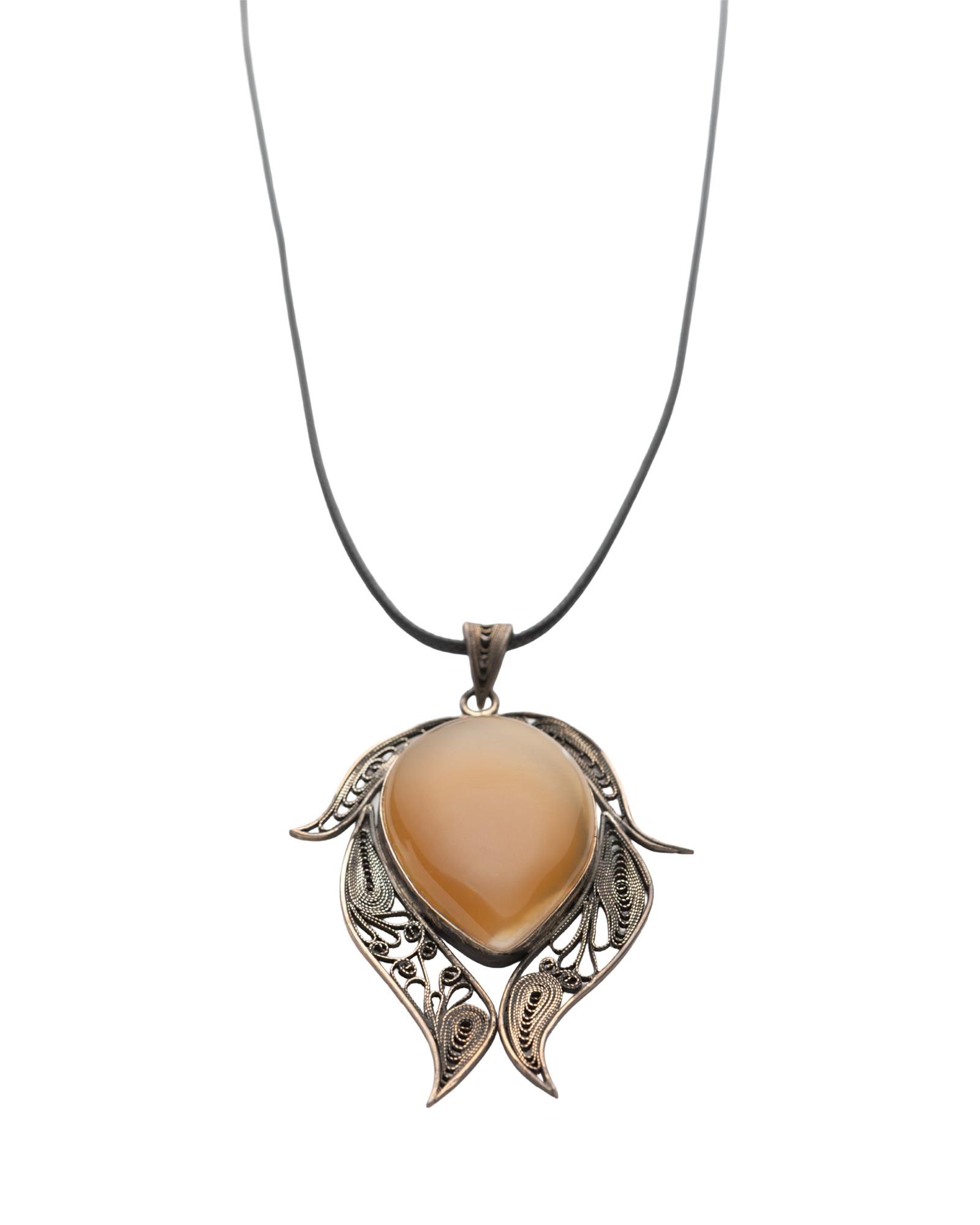 Handmade Silver Necklace with Light Brown Teardrop Agate Stone