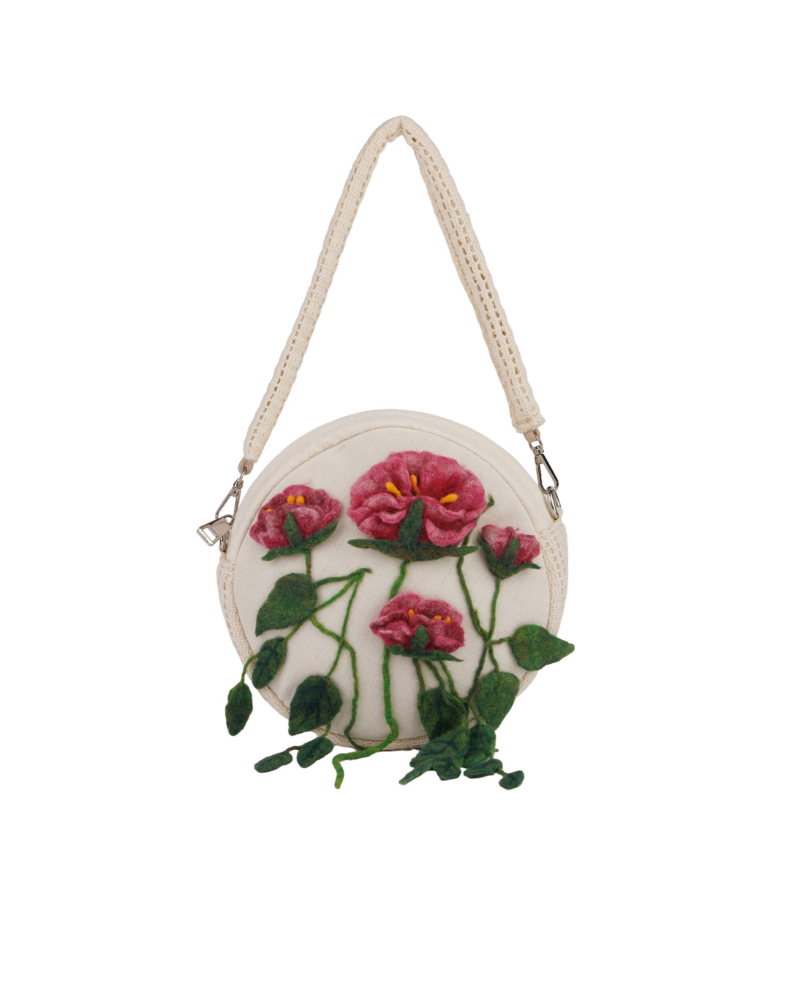 Keçe Süslemeli Beyaz Yuvarlak Çanta