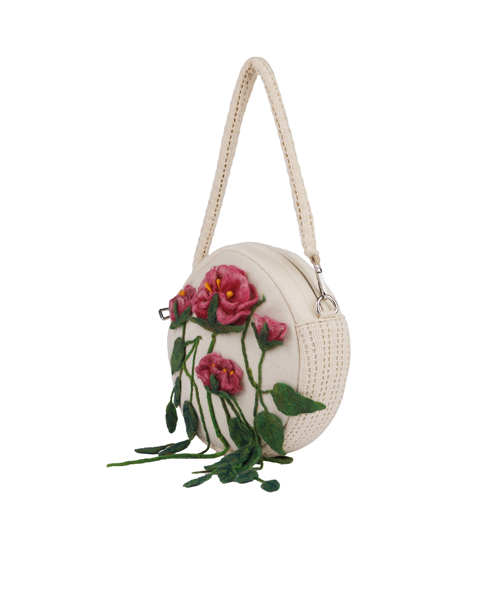 Keçe Süslemeli Beyaz Yuvarlak Çanta
