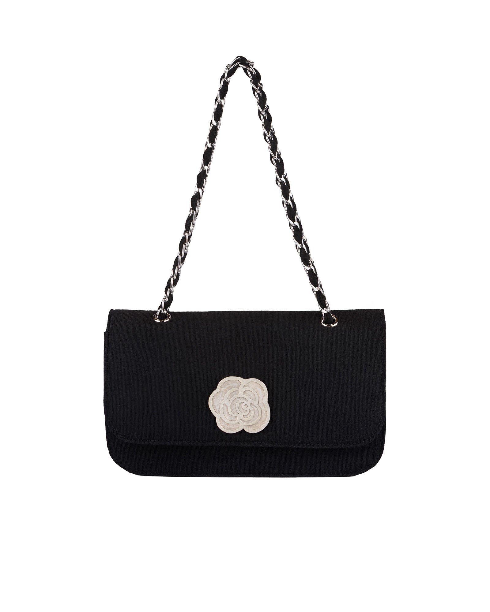 Gümüş Çiçek Logolu Zincir Askılı El Yapımı Sof Çanta