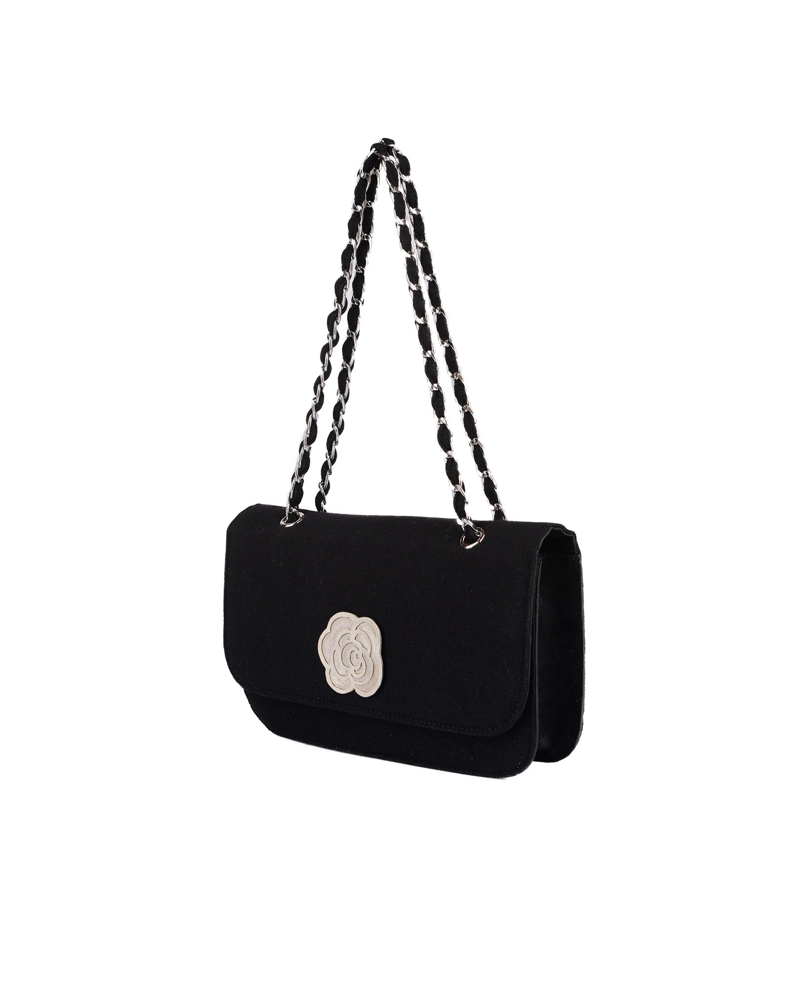 Gümüş Çiçek Logolu Zincir Askılı El Yapımı Sof Çanta