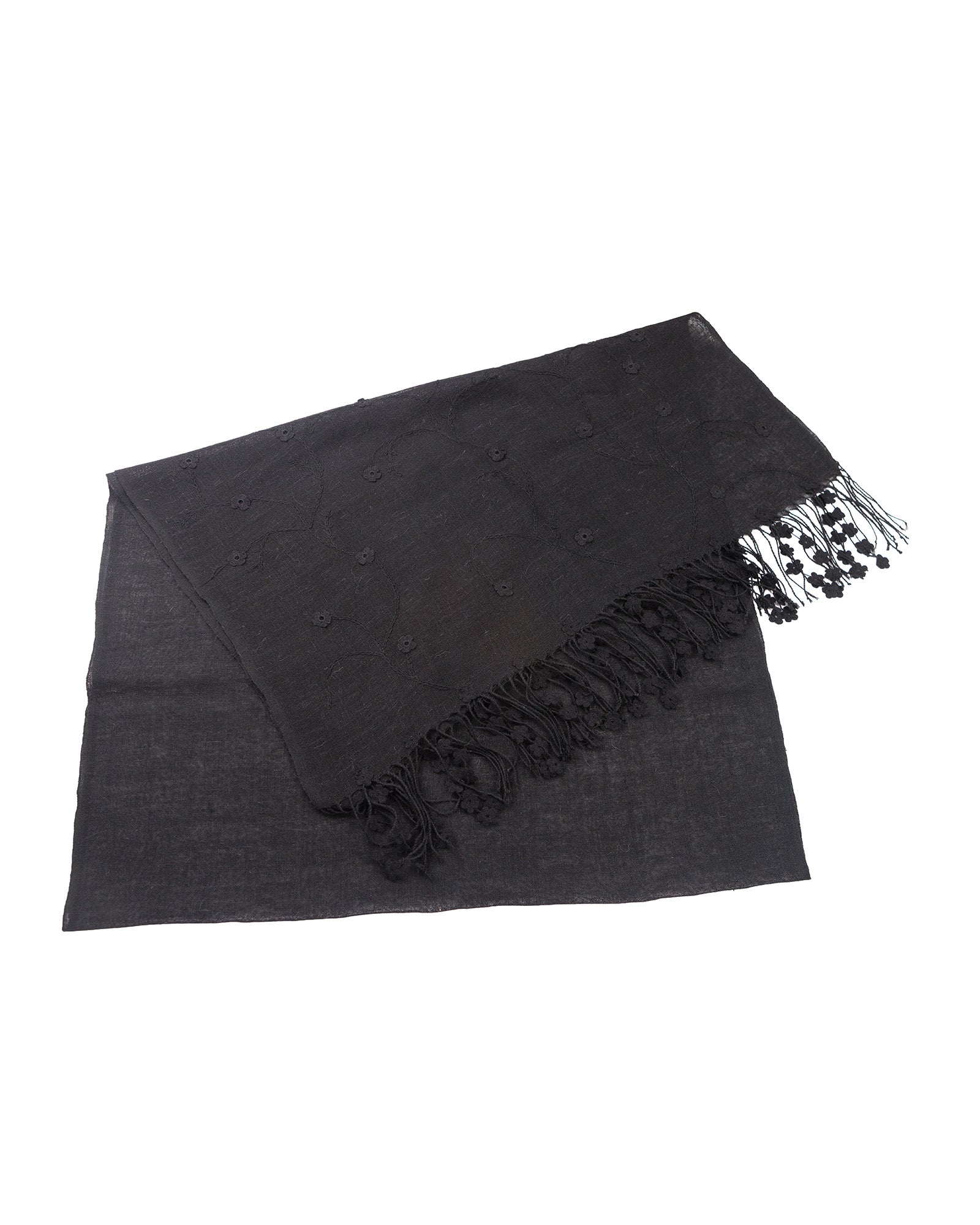 Black shawl with fringes on a white background