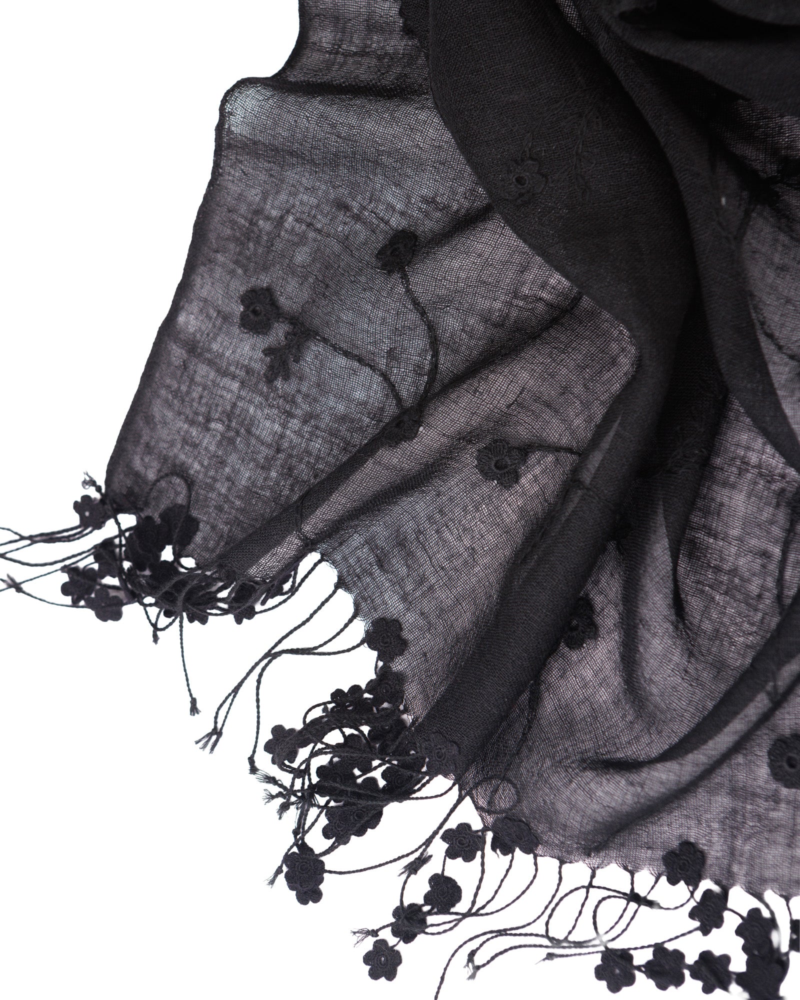 Black floral-patterned scarf on a white background